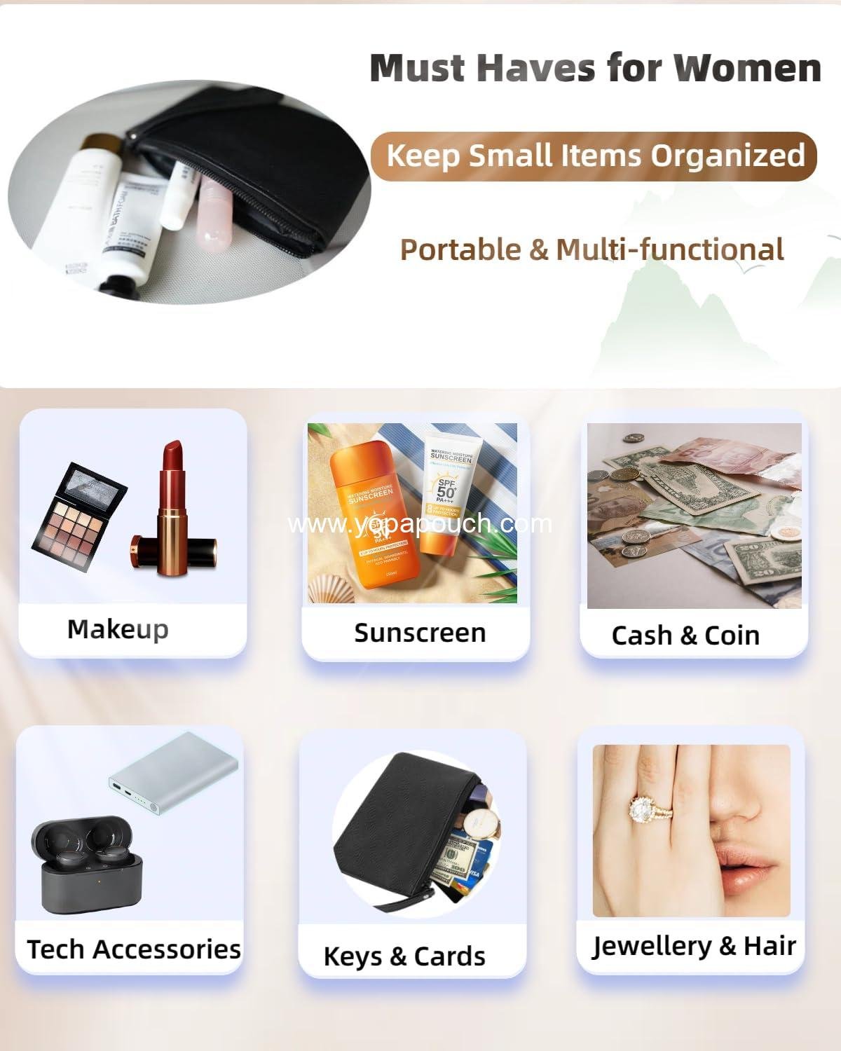 Wholesale Tiny Makeup Bag for Purse Mini Cosmetic Pouch Zipper Wristlet, Make Up Organizer for Lipstick and Coins, 4.5 x 6.5 Clutch, Stadium Approved, Black Supplier