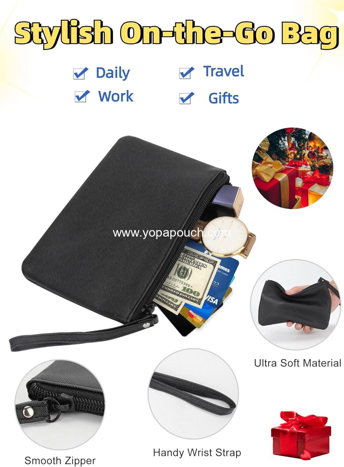 Wholesale Tiny Makeup Bag for Purse Mini Cosmetic Pouch Zipper Wristlet, Make Up Organizer for Lipstick and Coins, 4.5 x 6.5 Clutch, Stadium Approved, Black Supplier