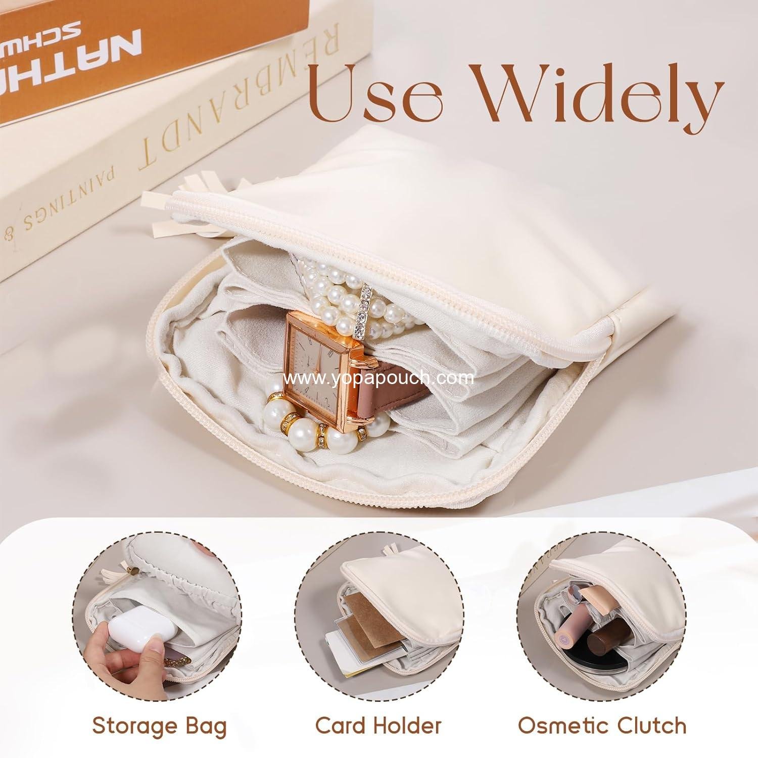 Wholesale Velvet Jewelry Pouch with Zipper, Small Travel Case, Portable Mini Organizer for Bracelets, Rings, and Earrings - Cream White, Supplier