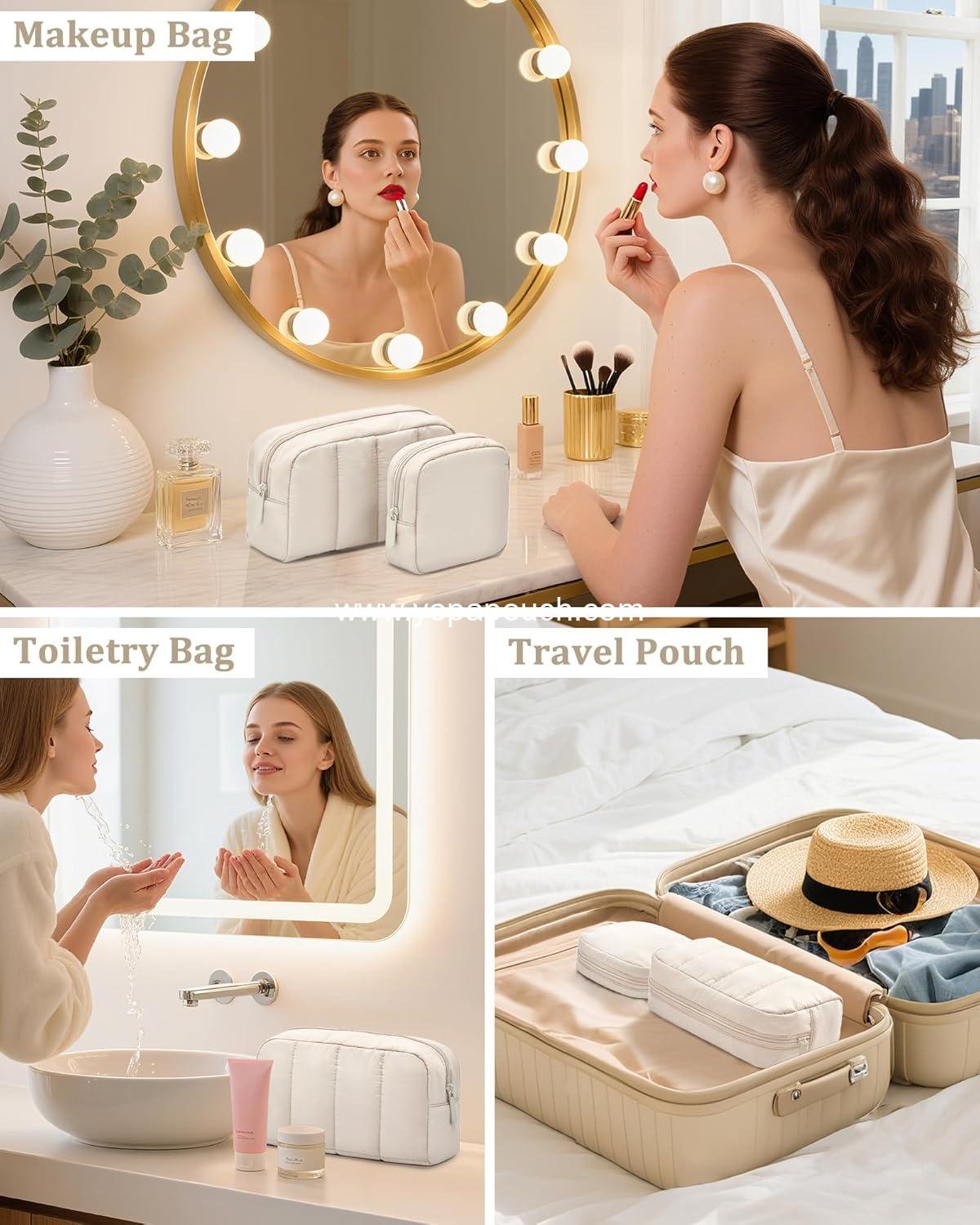 Wholesale Puffy Padded Makeup Bag Set - 2 Pcs Travel Toiletry Organizer for Women, Wide-Open Cosmetic Pouch, Essential Travel Case, Manufacturer