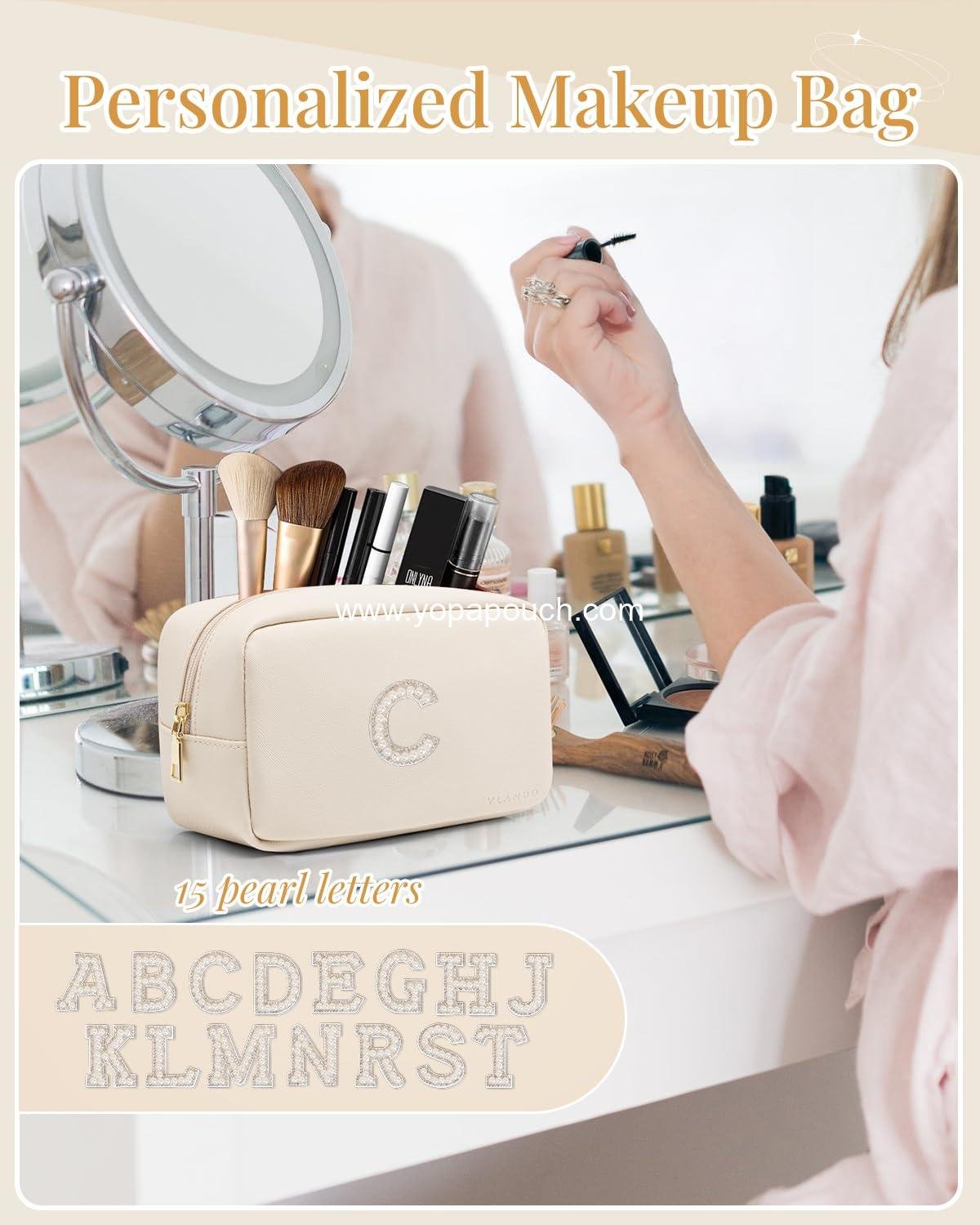 Wholesale Small Cosmetic Pouch Makeup Bag PU Leather Monogram Gifts for Teen Girls Women Preppy Stuff Supplier