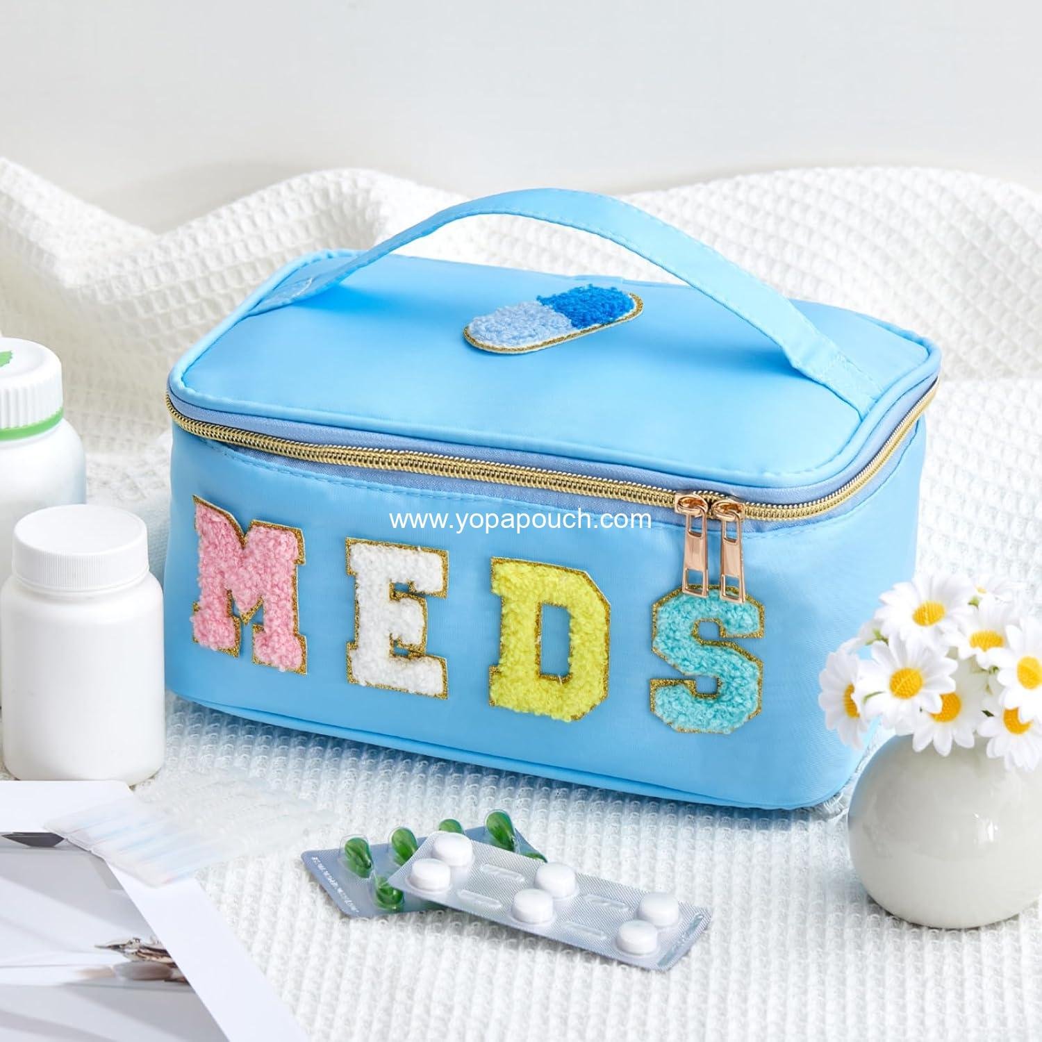 Wholesale Clear Makeup Bag Chenille Letter Meds Travel Case Portable Cosmetic Toiletry Storage for Women (Meds, Blue) - Supplier