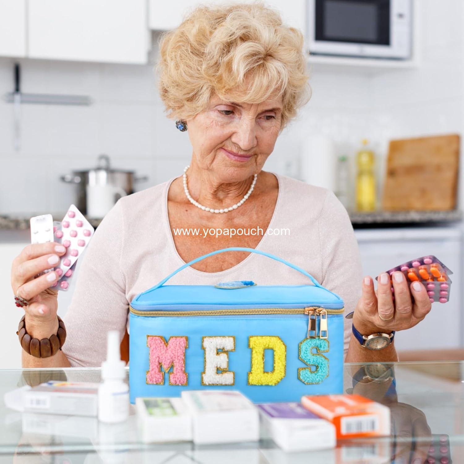 Wholesale Clear Makeup Bag Chenille Letter Meds Travel Case Portable Cosmetic Toiletry Storage for Women (Meds, Blue) - Supplier