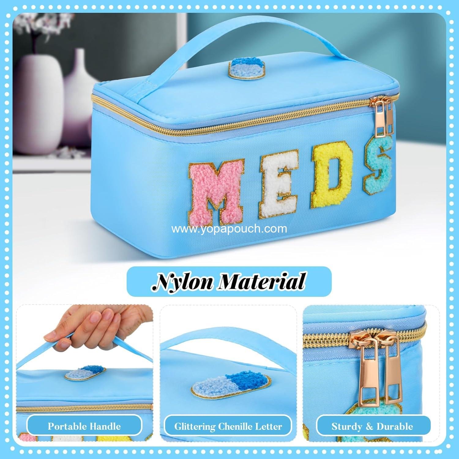Wholesale Clear Makeup Bag Chenille Letter Meds Travel Case Portable Cosmetic Toiletry Storage for Women (Meds, Blue) - Supplier