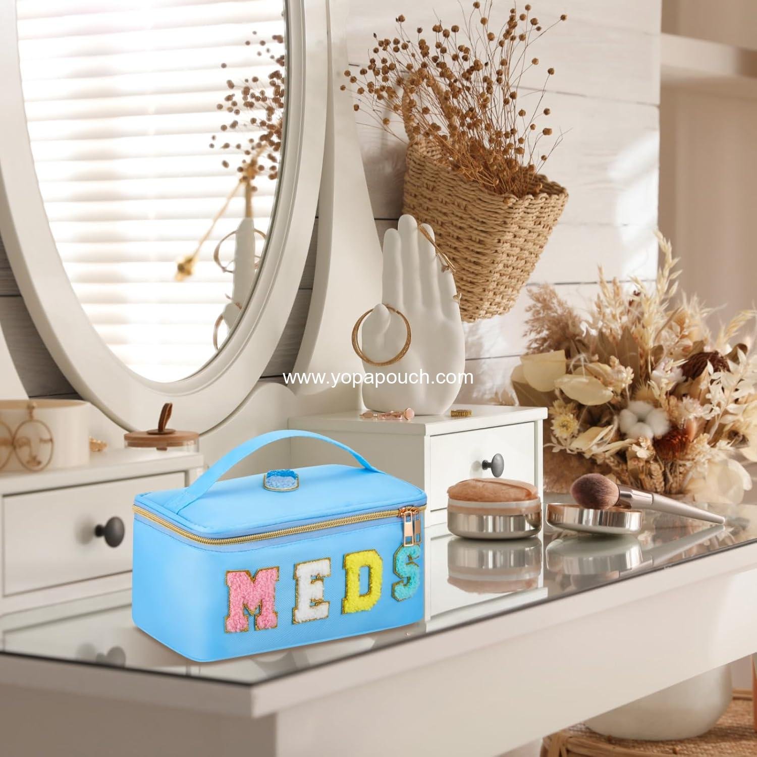 Wholesale Clear Makeup Bag Chenille Letter Meds Travel Case Portable Cosmetic Toiletry Storage for Women (Meds, Blue) - Supplier