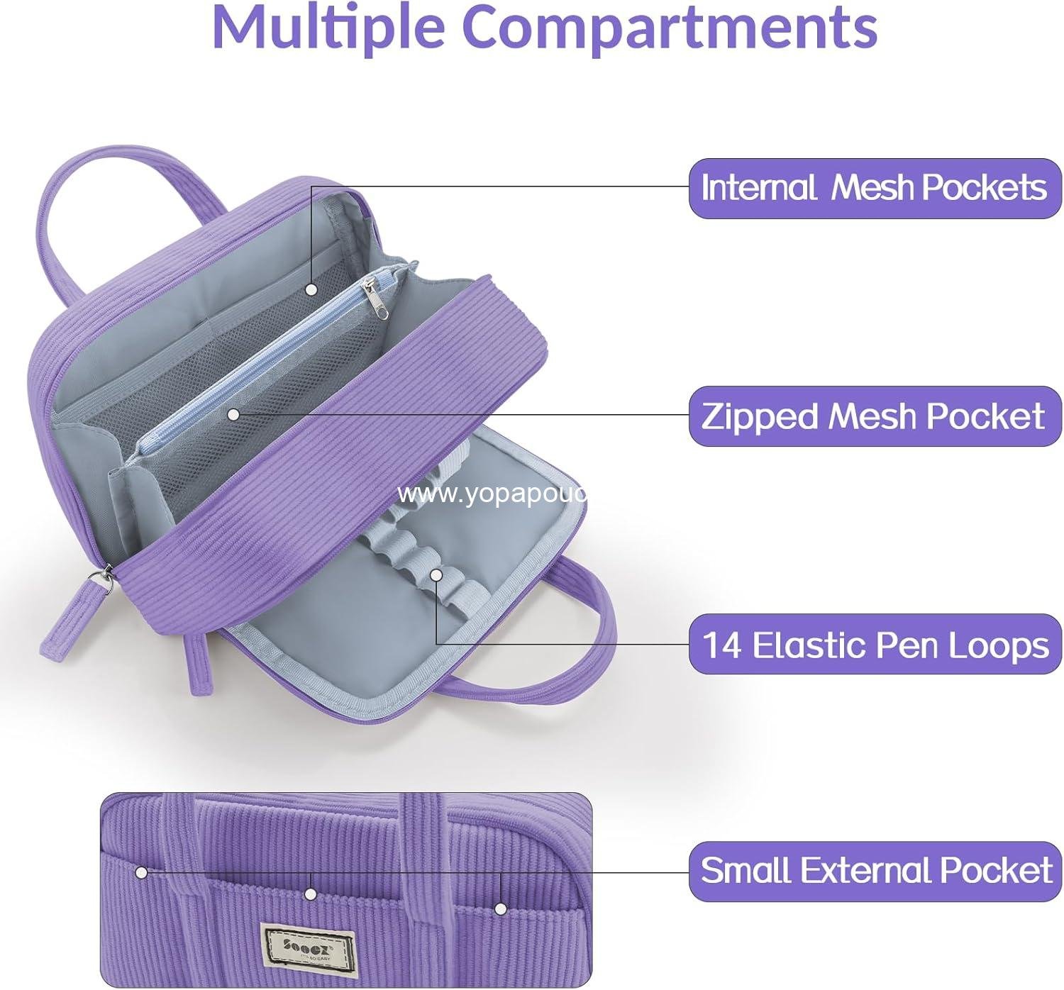 OEM Large Pencil Case Pouch, Extra Big 5-Compartment Organizer with Wide Opening, Soft Corduroy Zippered Pencil Bag, Cute Aesthetic School Supplies for Teen Girls - Purple Factory