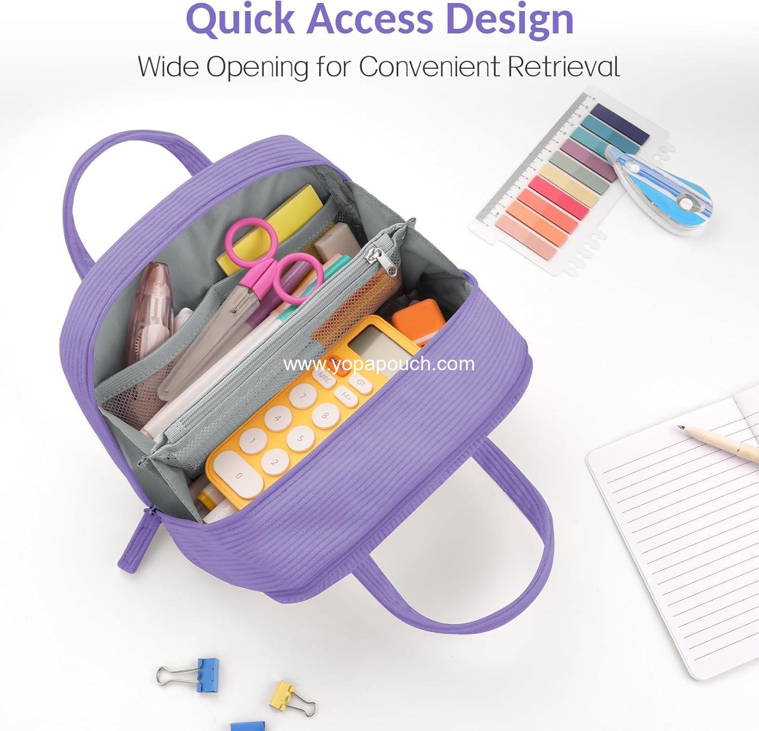 OEM Large Pencil Case Pouch, Extra Big 5-Compartment Organizer with Wide Opening, Soft Corduroy Zippered Pencil Bag, Cute Aesthetic School Supplies for Teen Girls - Purple Factory