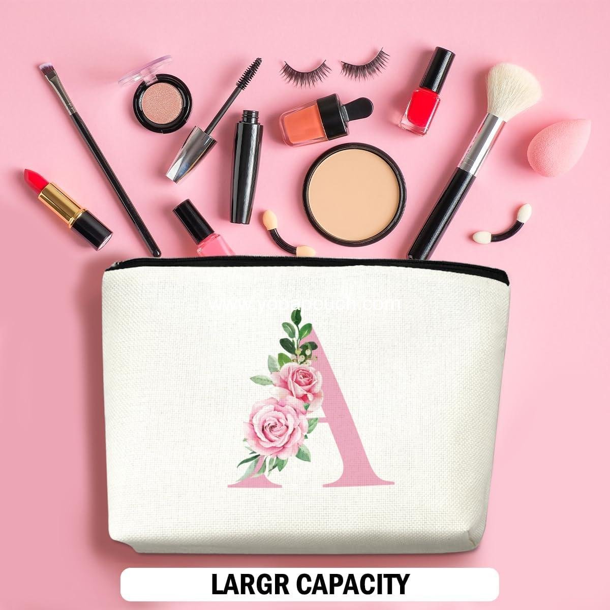 OEM Pink Monogram Makeup Bag, Initial A Cosmetic Pouch, Personalized Travel Organizer Bag, Monogrammed Gifts for Women, Girls, Sisters, Bridesmaids, Wedding Shower Gift, Wholesale Factory