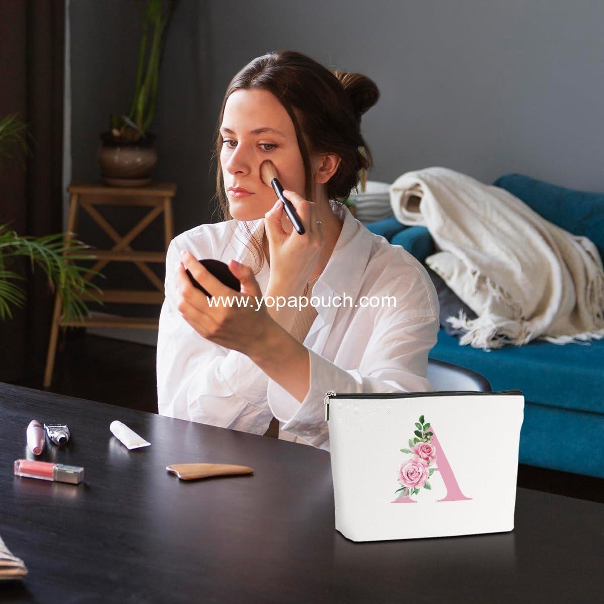 OEM Pink Monogram Makeup Bag, Initial A Cosmetic Pouch, Personalized Travel Organizer Bag, Monogrammed Gifts for Women, Girls, Sisters, Bridesmaids, Wedding Shower Gift, Wholesale Factory