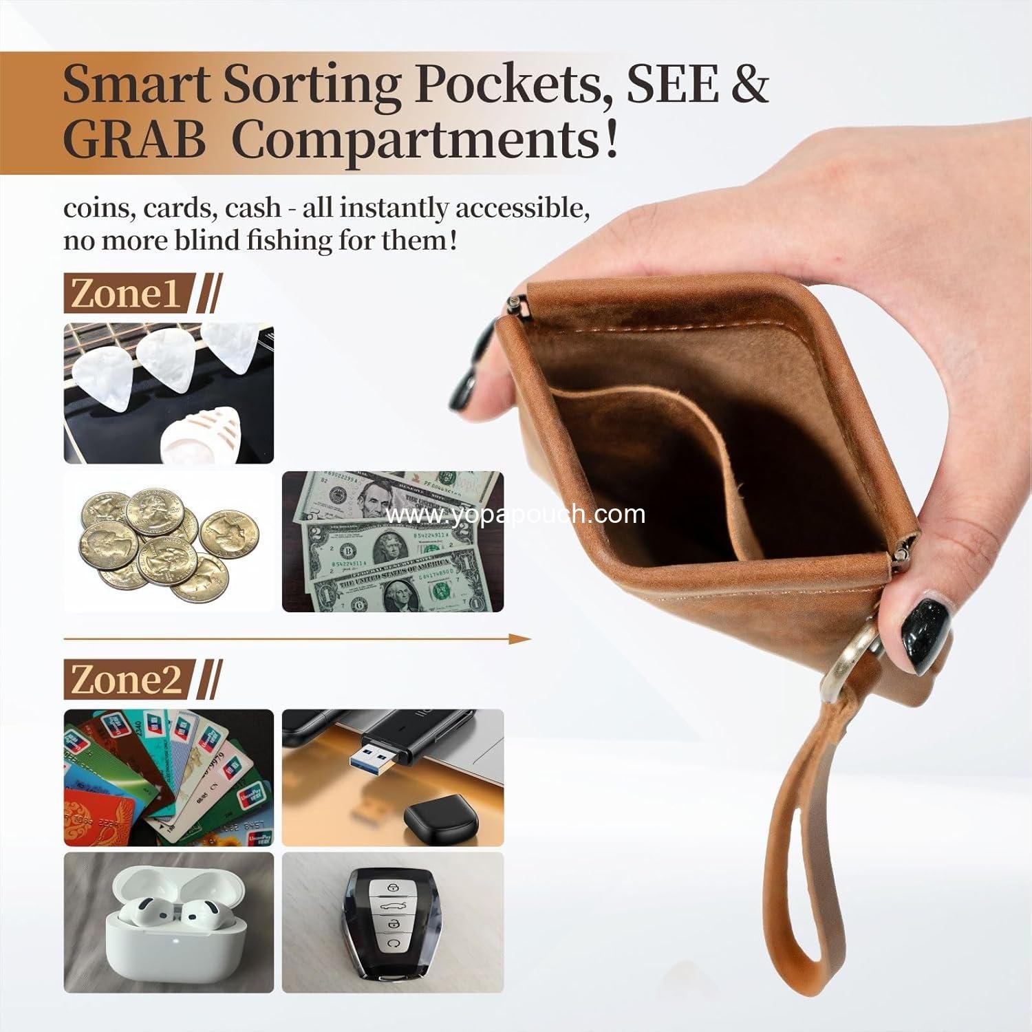 Wholesale Leather Coin Purse with Wristlet - Aesthetic Coin Pouch with Dual Interlayer, Card and Change Holder, Easy Clip On Squeeze Wallet, Handmade Genuine Leather for Men/Women - Supplier