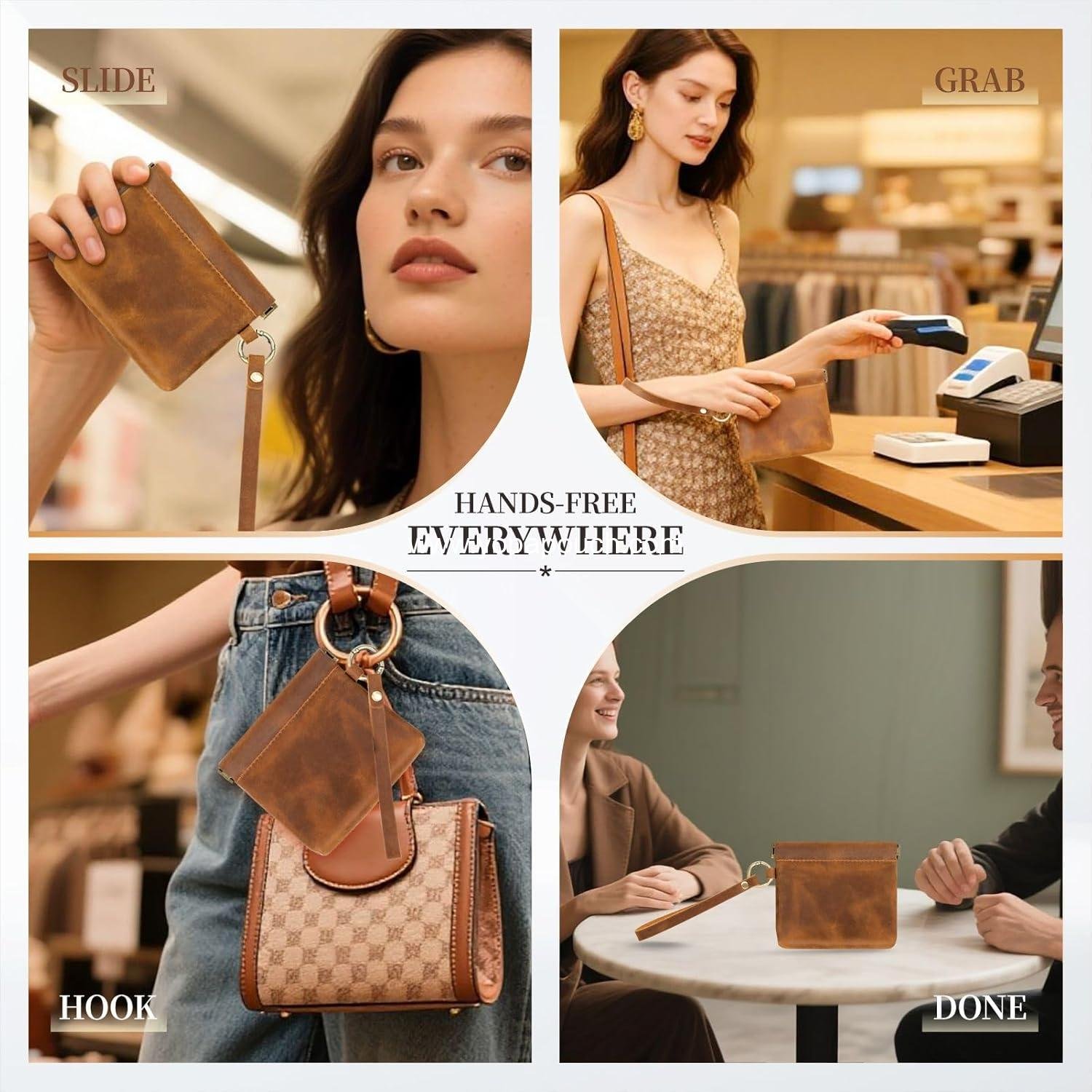 Wholesale Leather Coin Purse with Wristlet - Aesthetic Coin Pouch with Dual Interlayer, Card and Change Holder, Easy Clip On Squeeze Wallet, Handmade Genuine Leather for Men/Women - Supplier