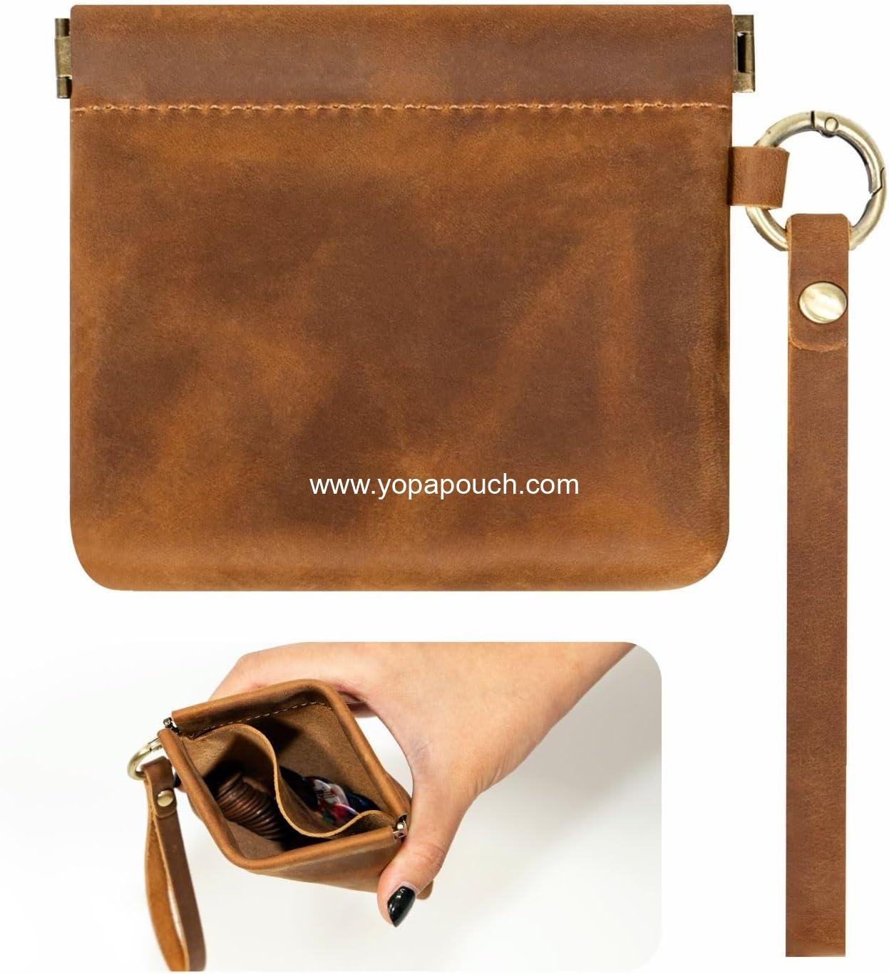 Wholesale Leather Coin Purse with Wristlet - Aesthetic Coin Pouch with Dual Interlayer, Card and Change Holder, Easy Clip On Squeeze Wallet, Handmade Genuine Leather for Men/Women - Supplier