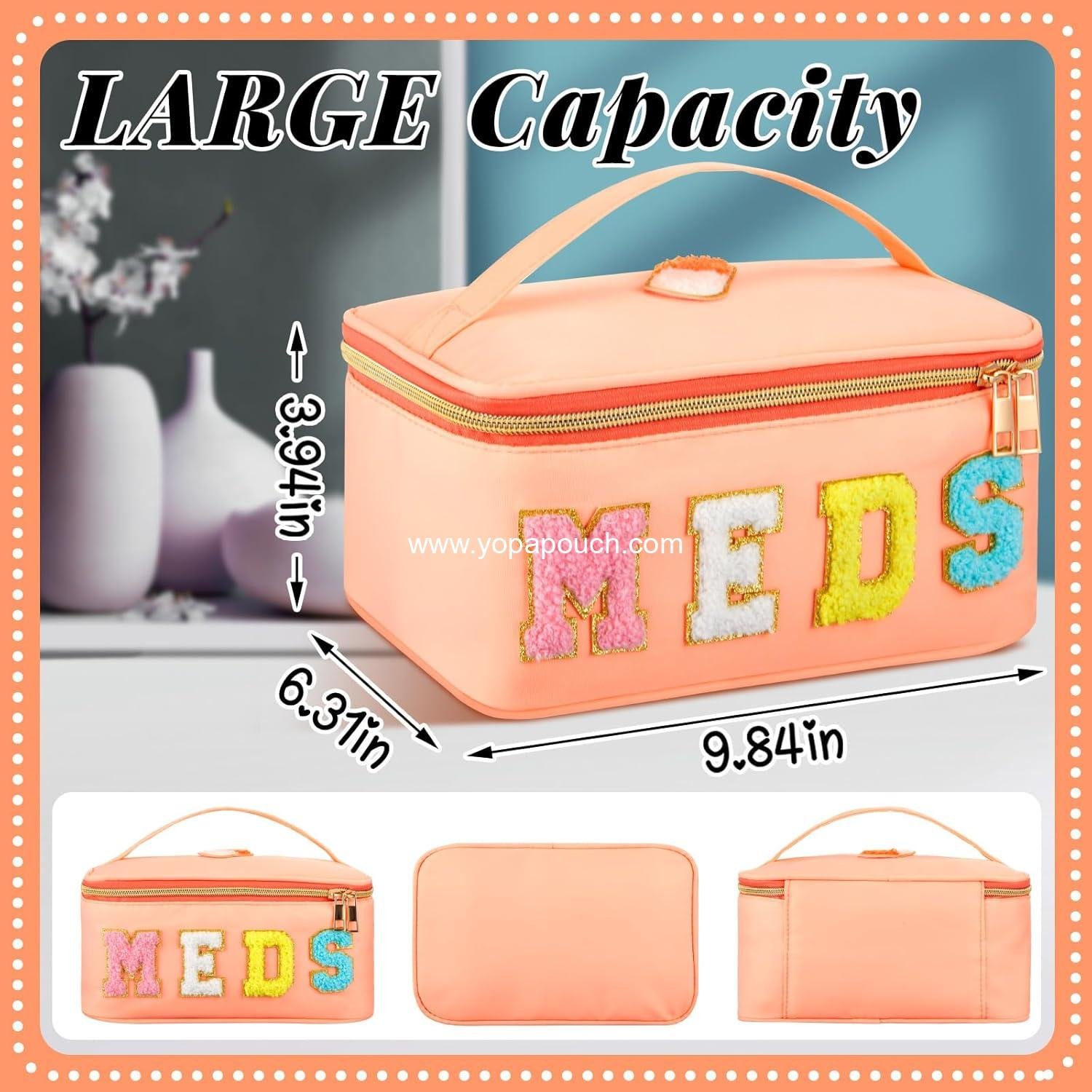 Wholesale Clear Makeup Bag Chenille Letter Meds Travel Case Preppy Patch with Zipper Portable Cosmetic Toiletry Storage for Women Meds Orange - Supplier