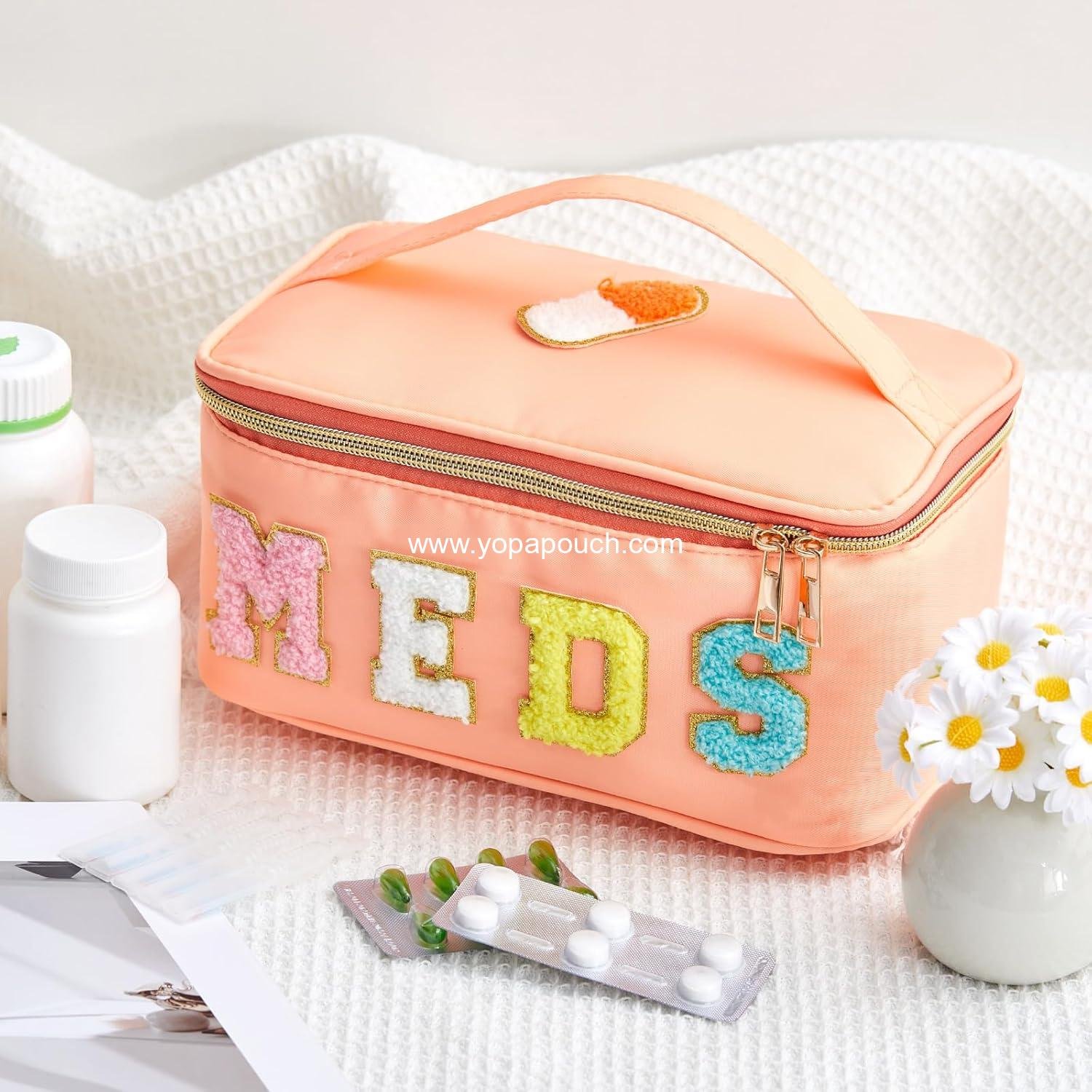 Wholesale Clear Makeup Bag Chenille Letter Meds Travel Case Preppy Patch with Zipper Portable Cosmetic Toiletry Storage for Women Meds Orange - Supplier