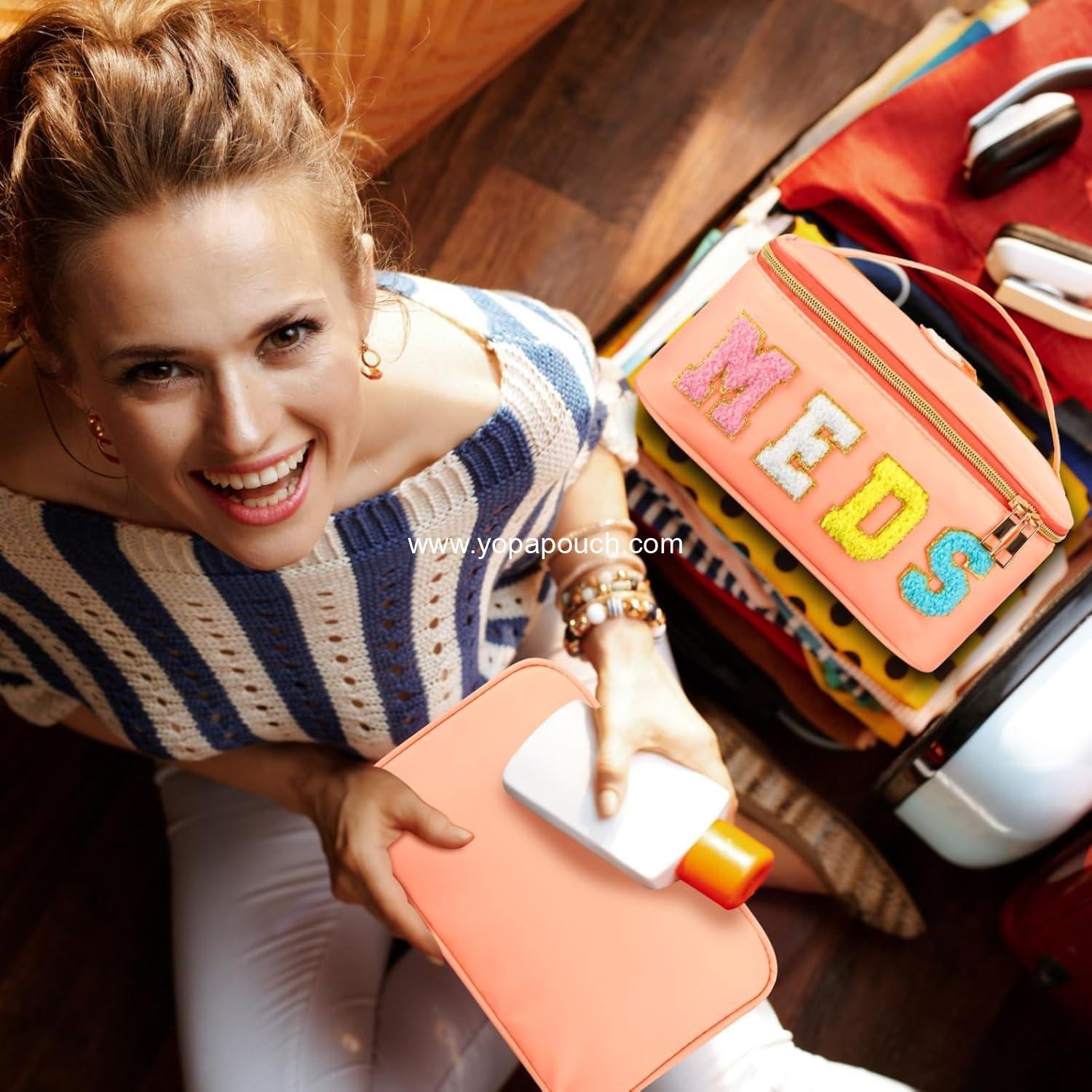 Wholesale Clear Makeup Bag Chenille Letter Meds Travel Case Preppy Patch with Zipper Portable Cosmetic Toiletry Storage for Women Meds Orange - Supplier