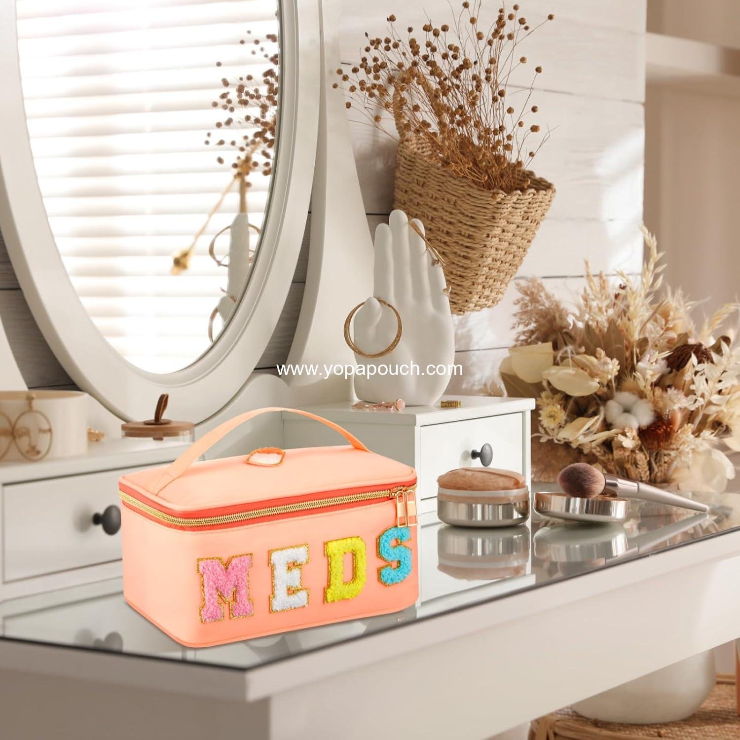 Wholesale Clear Makeup Bag Chenille Letter Meds Travel Case Preppy Patch with Zipper Portable Cosmetic Toiletry Storage for Women Meds Orange - Supplier