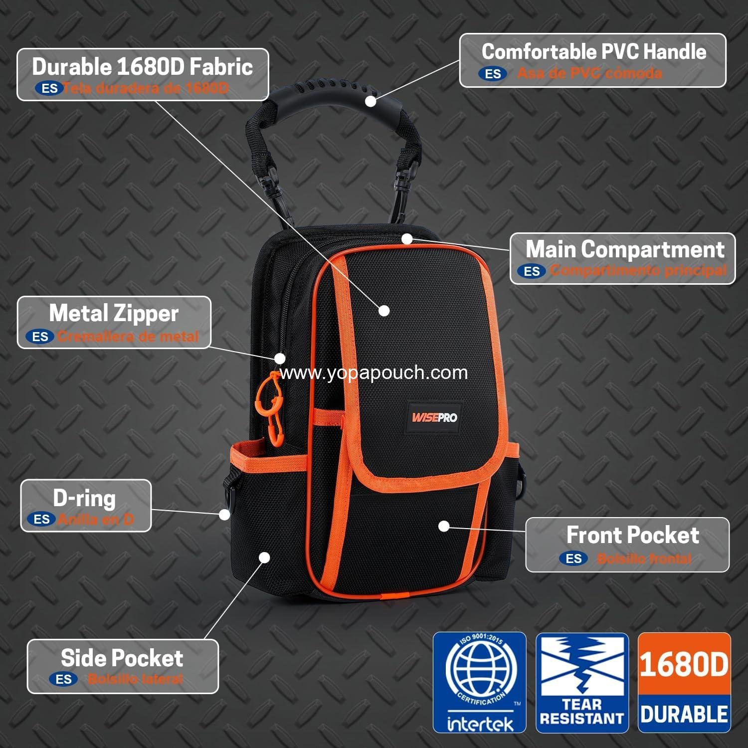 Wholesale Zippered Electricians Tool Pouch, 1680D Technician Tool Bag with Handle for Electrician, Carpenter, Mechanical Supplier