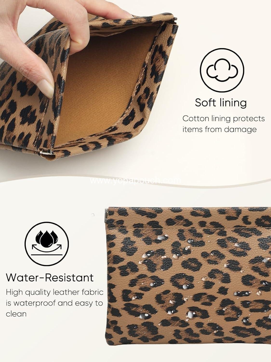 Wholesale Waterproof Leopard Leather Small Makeup Pouch for Women, Portable Cosmetic Bag with Self-Closing Design, Aesthetic Storage for Lipstick and Accessories, Brown - Supplier
