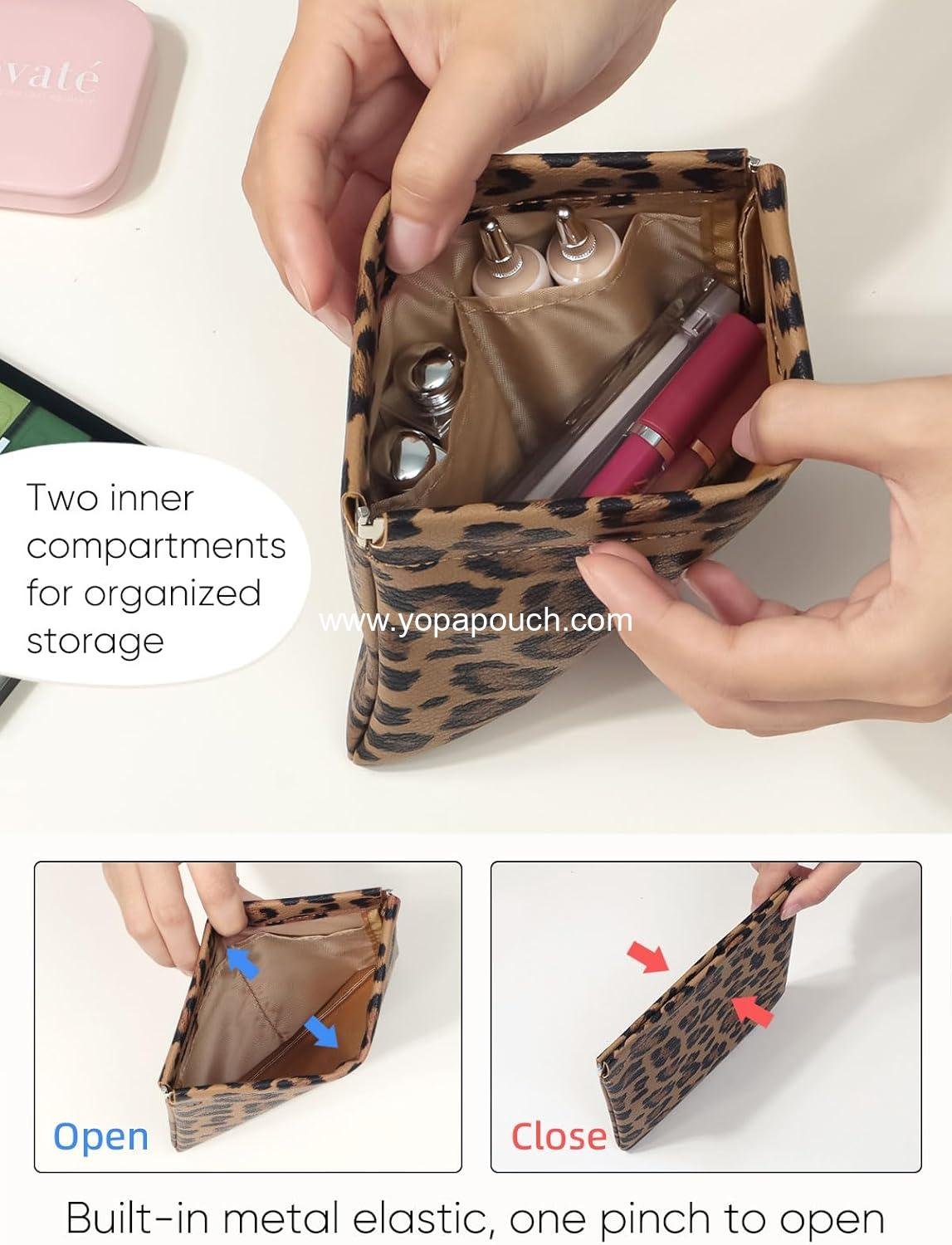 Wholesale Waterproof Leopard Leather Small Makeup Pouch for Women, Portable Cosmetic Bag with Self-Closing Design, Aesthetic Storage for Lipstick and Accessories, Brown - Supplier