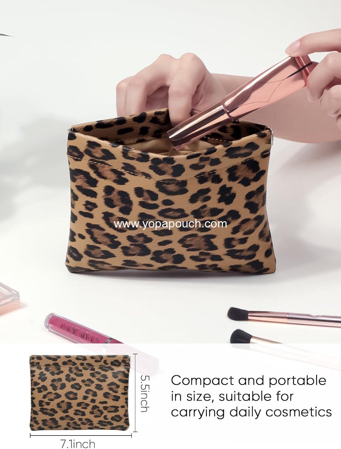 Wholesale Waterproof Leopard Leather Small Makeup Pouch for Women, Portable Cosmetic Bag with Self-Closing Design, Aesthetic Storage for Lipstick and Accessories, Brown - Supplier