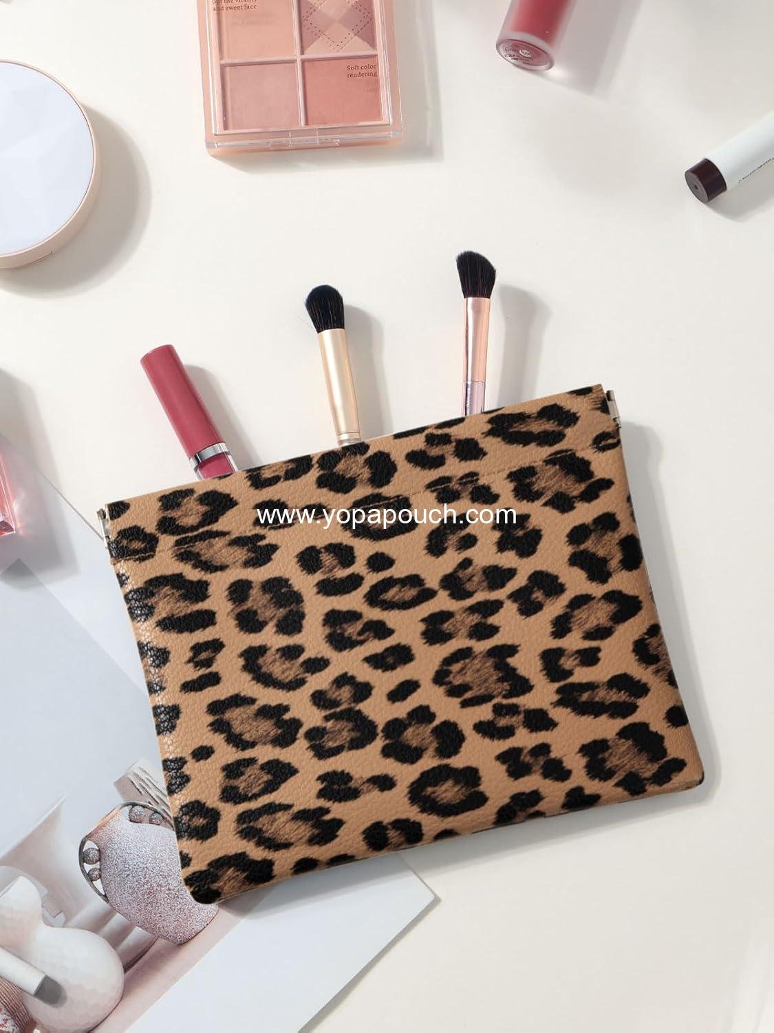 Wholesale Waterproof Leopard Leather Small Makeup Pouch for Women, Portable Cosmetic Bag with Self-Closing Design, Aesthetic Storage for Lipstick and Accessories, Brown - Supplier