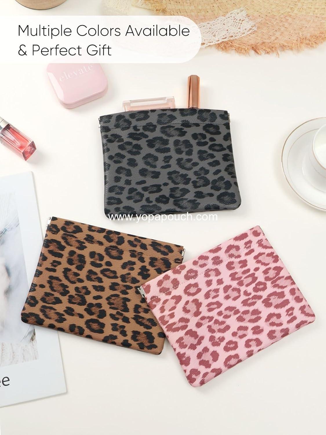 Wholesale Waterproof Leopard Leather Small Makeup Pouch for Women, Portable Cosmetic Bag with Self-Closing Design, Aesthetic Storage for Lipstick and Accessories, Brown - Supplier