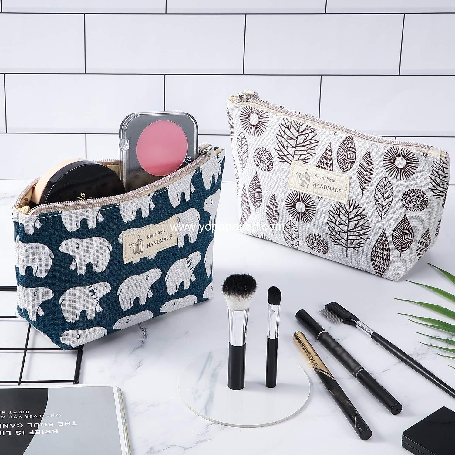 OEM 4 Pieces Canvas Cosmetic Bags Set - Printed Makeup Bags with Zipper, Multi-Functional Travel Pouches for Women and Girls, 4 Unique Styles (Whale, Bear, Tree, Leaf) - Ideal for Toiletry and Vacation Use, Supplier