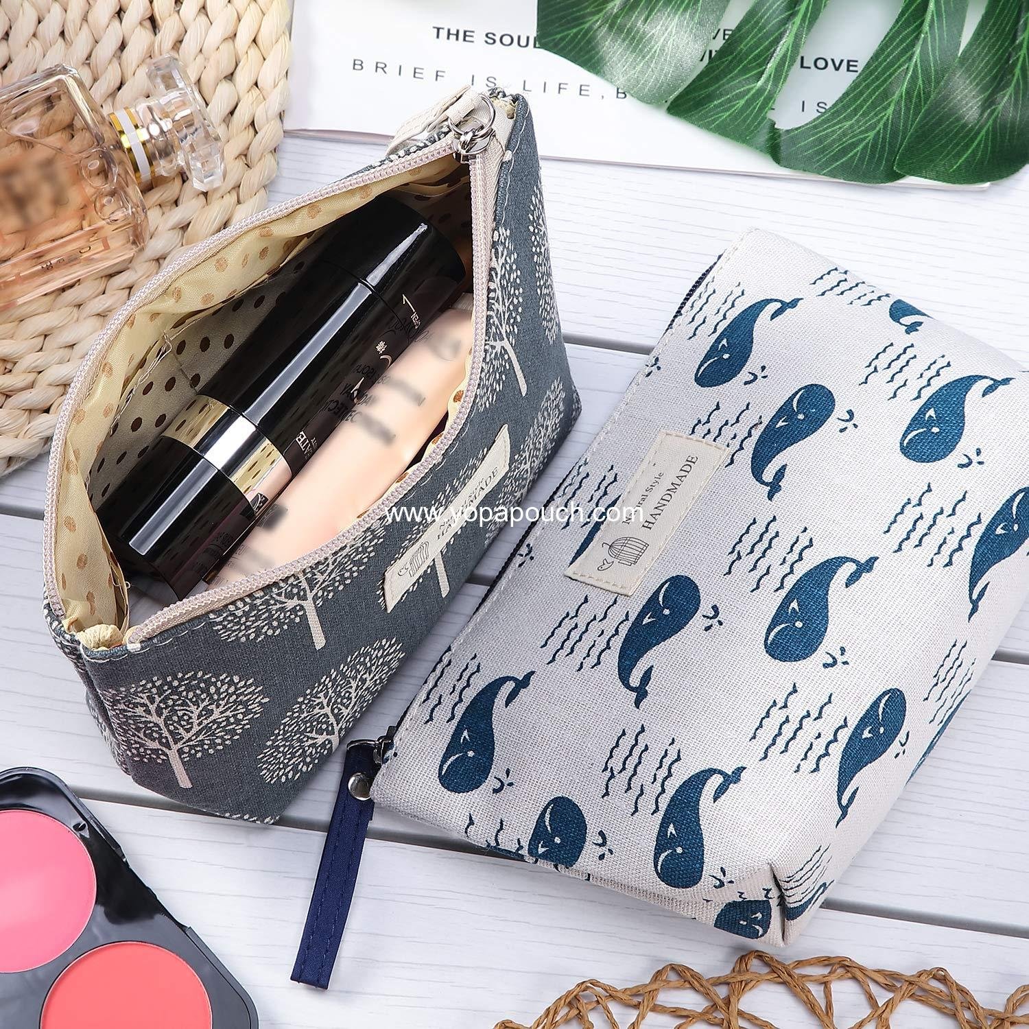 OEM 4 Pieces Canvas Cosmetic Bags Set - Printed Makeup Bags with Zipper, Multi-Functional Travel Pouches for Women and Girls, 4 Unique Styles (Whale, Bear, Tree, Leaf) - Ideal for Toiletry and Vacation Use, Supplier