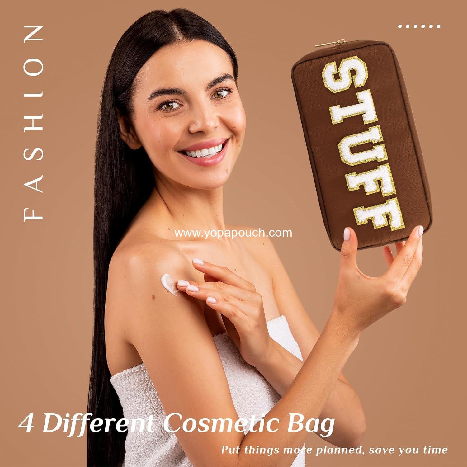 OEM Preppy Makeup Bags 4 Pcs Chenille Letter Cosmetic Pouch Set with Zipper for Women Travel Toiletry - Supplier