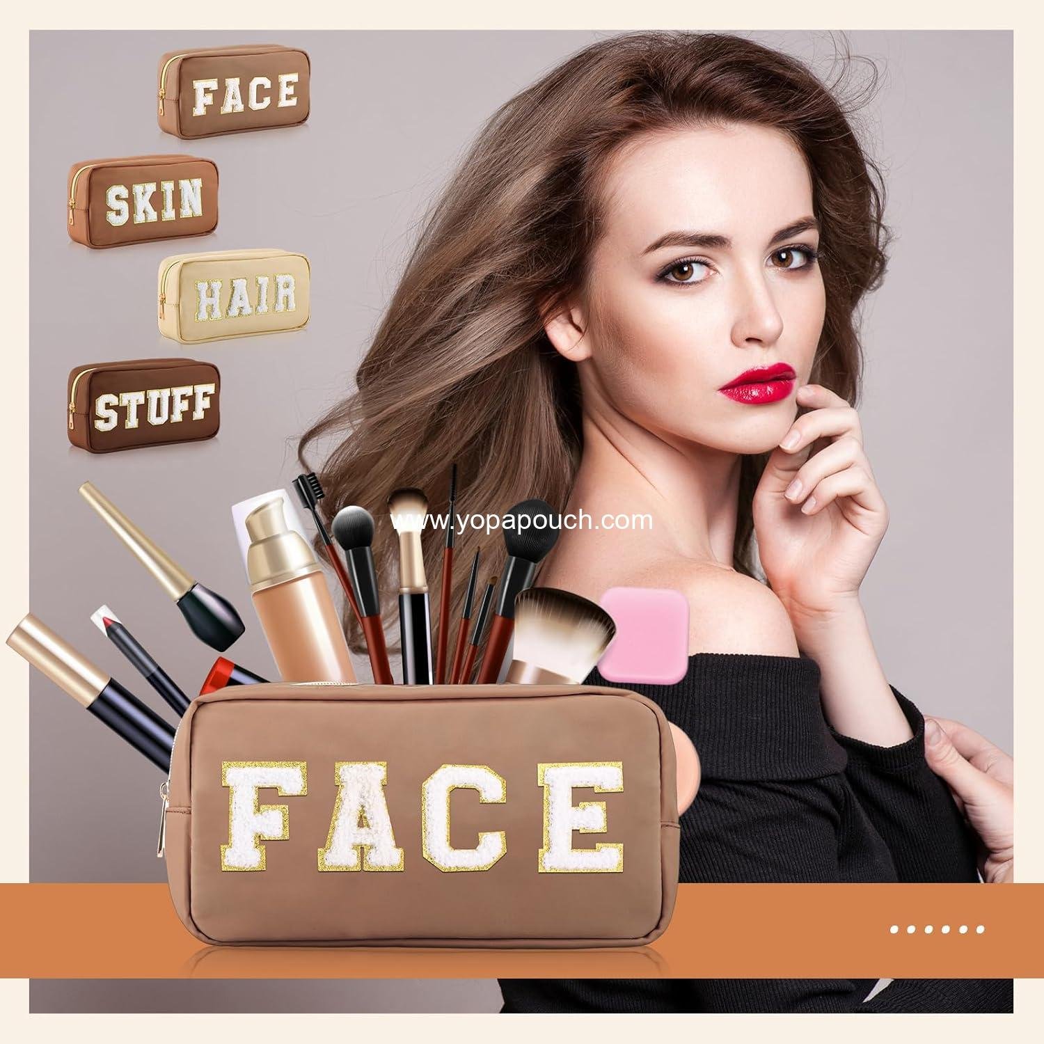 OEM Preppy Makeup Bags 4 Pcs Chenille Letter Cosmetic Pouch Set with Zipper for Women Travel Toiletry - Supplier