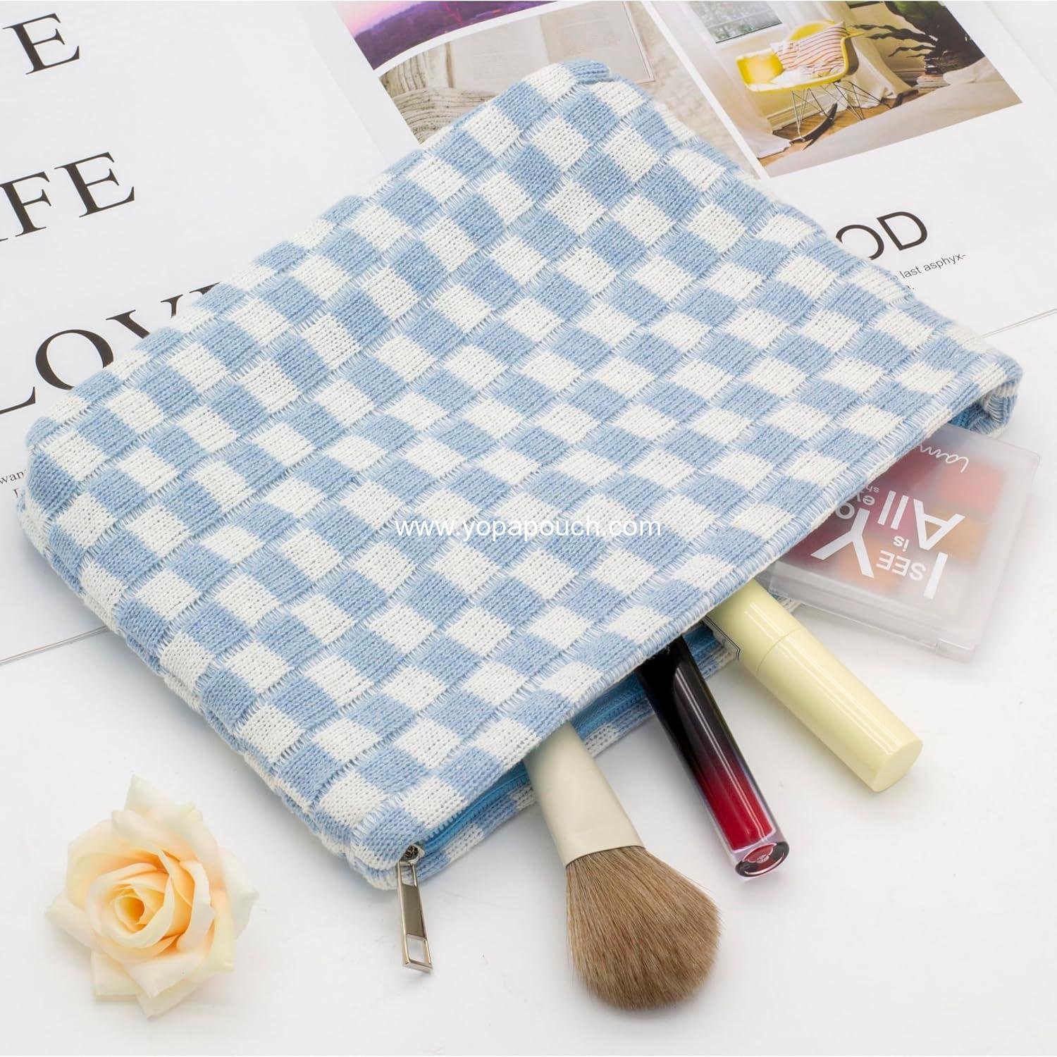 Wholesale Large Checkered Makeup Bag - Zipper Cosmetic Brush Pouch for Travel Essentials, Blue Manufacturer