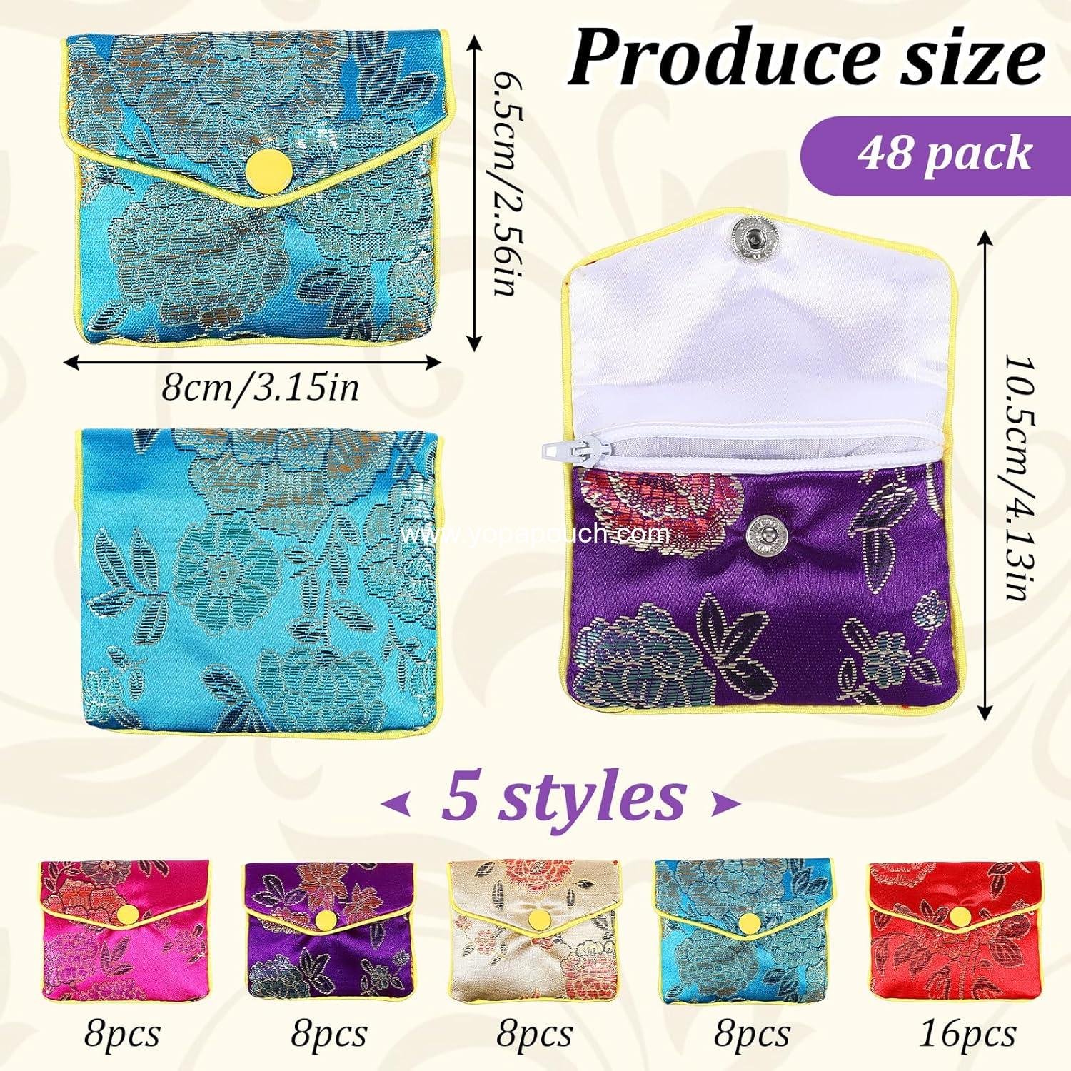 Wholesale 48 Pcs Jewelry Silk Purse Pouch Gift Bags, Brocade Zipper Travel Jewelry Cases and Organizers for Women and Teen Girls, Multiple Colors, Supplier