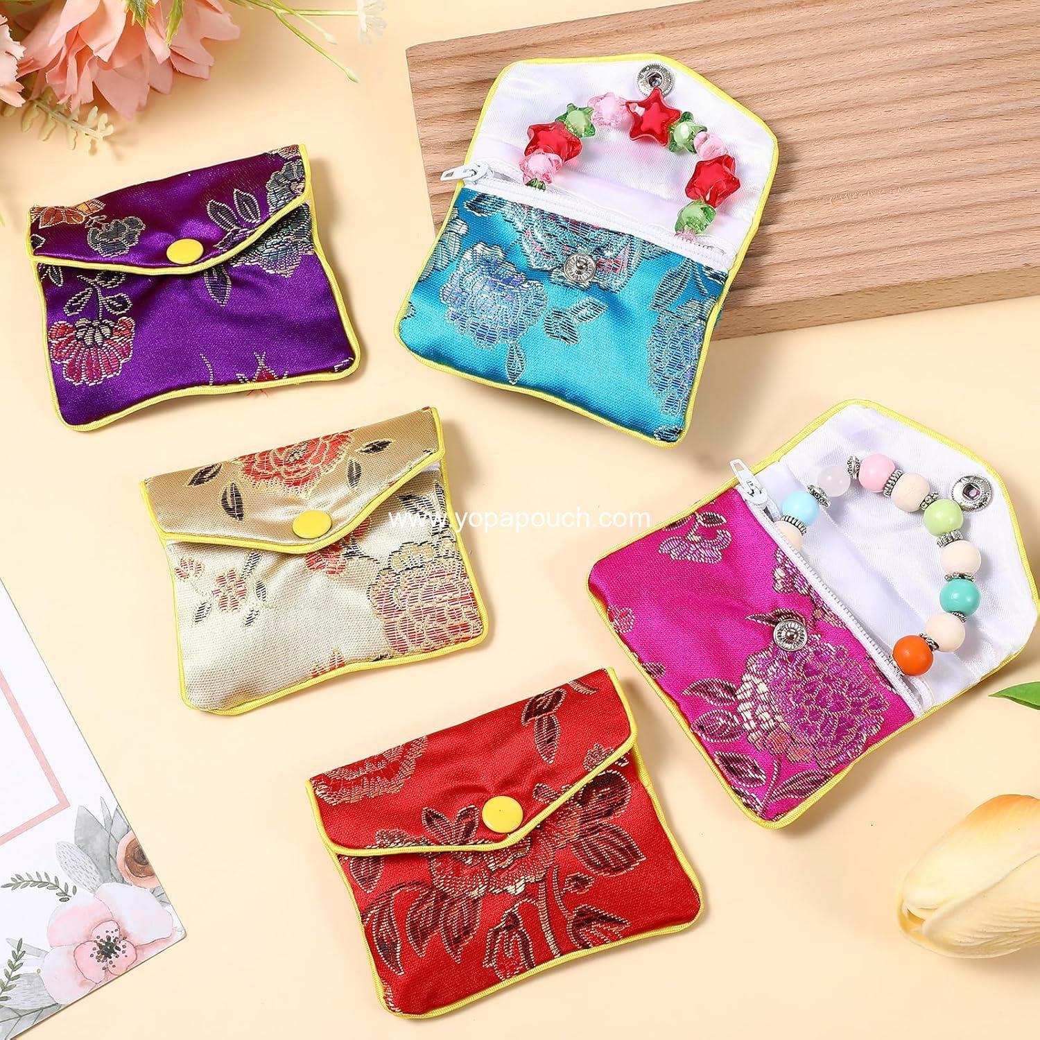 Wholesale 48 Pcs Jewelry Silk Purse Pouch Gift Bags, Brocade Zipper Travel Jewelry Cases and Organizers for Women and Teen Girls, Multiple Colors, Supplier