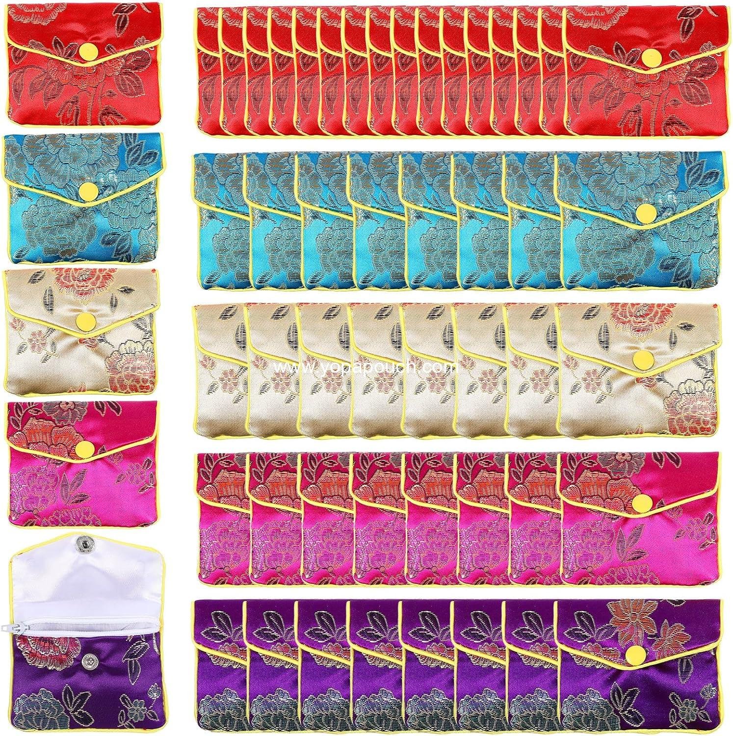 Wholesale 48 Pcs Jewelry Silk Purse Pouch Gift Bags, Brocade Zipper Travel Jewelry Cases and Organizers for Women and Teen Girls, Multiple Colors, Supplier