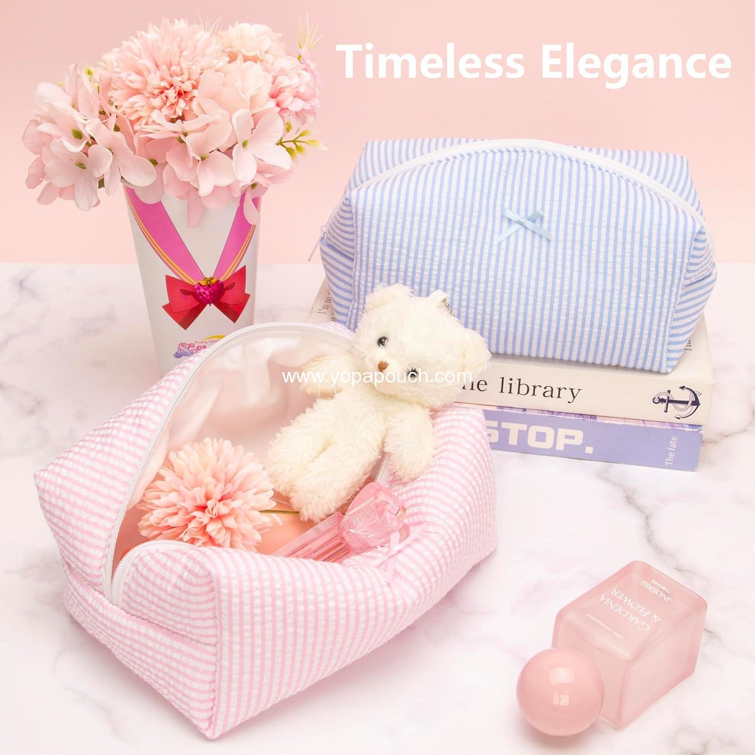 OEM Cozy Travel Makeup Bag Soft Toiletry Organizer Large Pink Stripe Zipper Pouch for Skincare and Beauty Accessories Factory