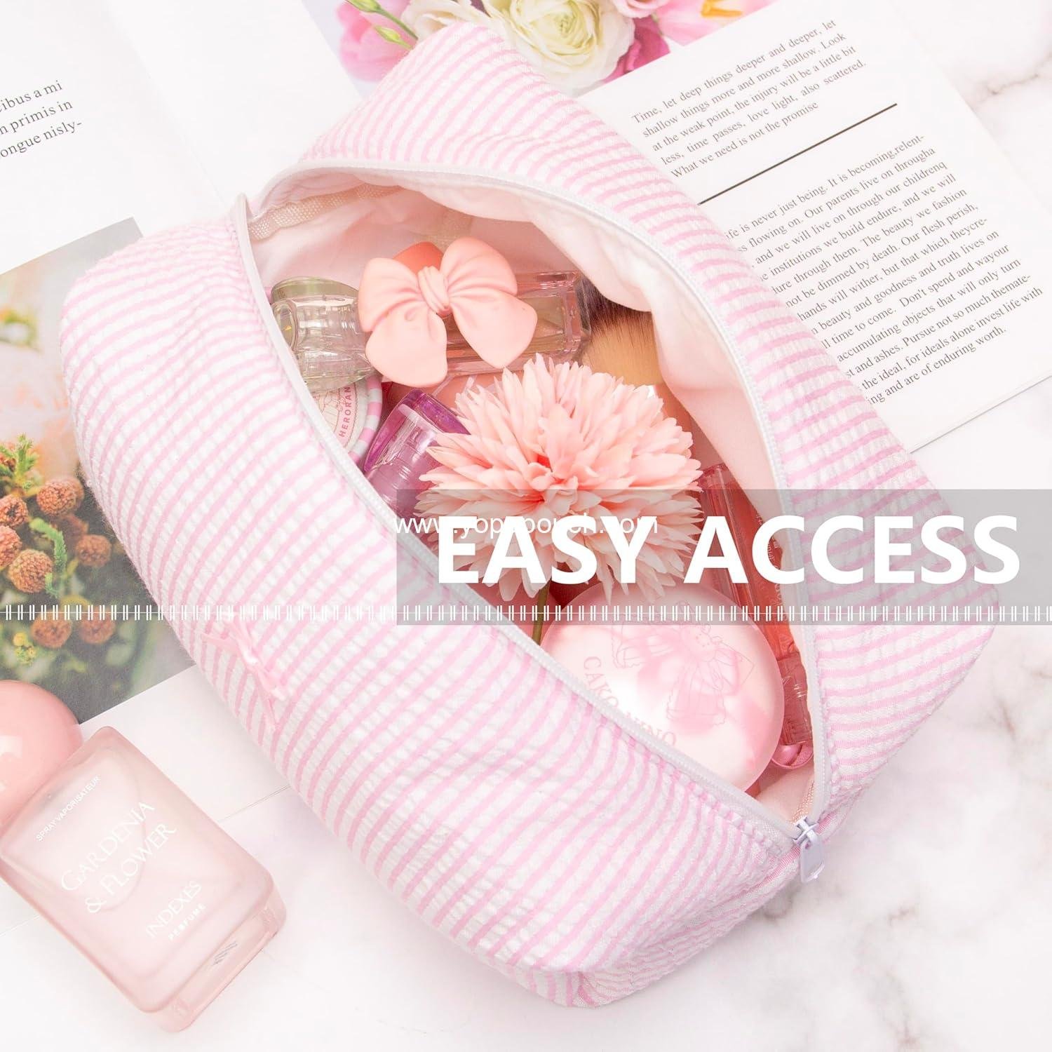 OEM Cozy Travel Makeup Bag Soft Toiletry Organizer Large Pink Stripe Zipper Pouch for Skincare and Beauty Accessories Factory