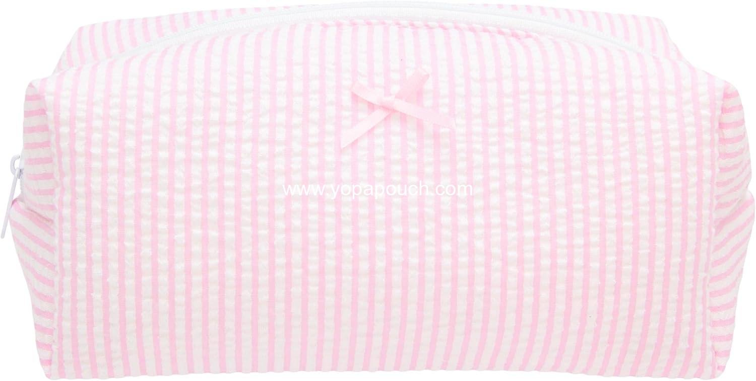 OEM Cozy Travel Makeup Bag Soft Toiletry Organizer Large Pink Stripe Zipper Pouch for Skincare and Beauty Accessories Factory