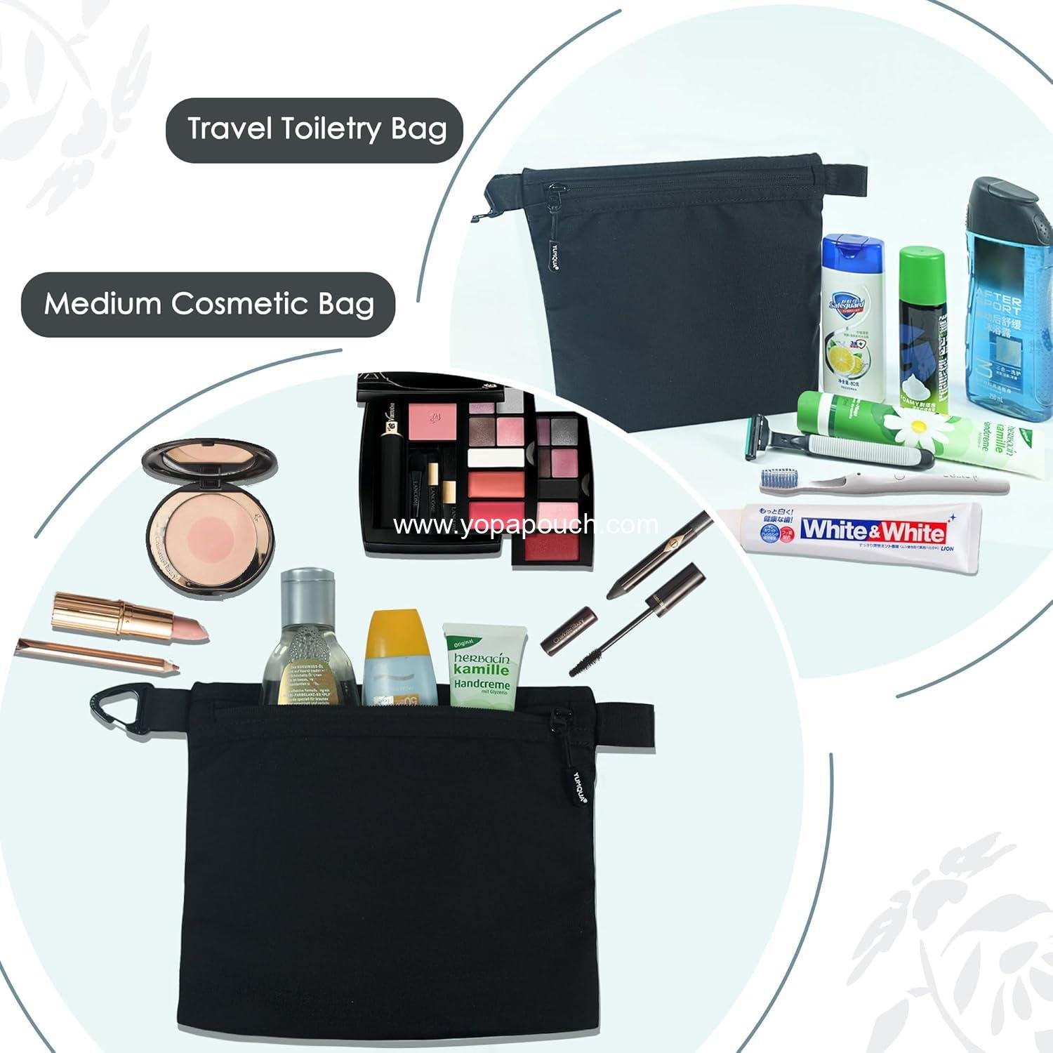 Wholesale Small Travel Pouch for Makeup and Toiletries, Water-Resistant Dopp Kit with Carabiner Clip, Organize Cosmetics, Tech, and Tools, 500D Nylon (Black) Supplier