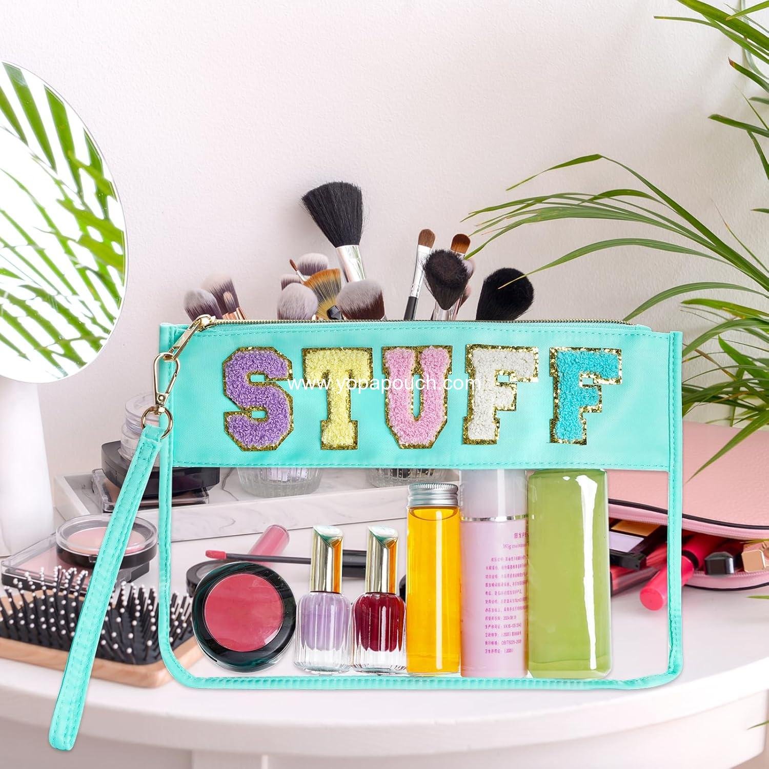 Wholesale Clear Makeup Letter Bag, Chenille Zip Pouch for Multi-purpose Use, Nylon Cosmetic Bag for Travel, Gym, Beach - Green-Stuff Supplier