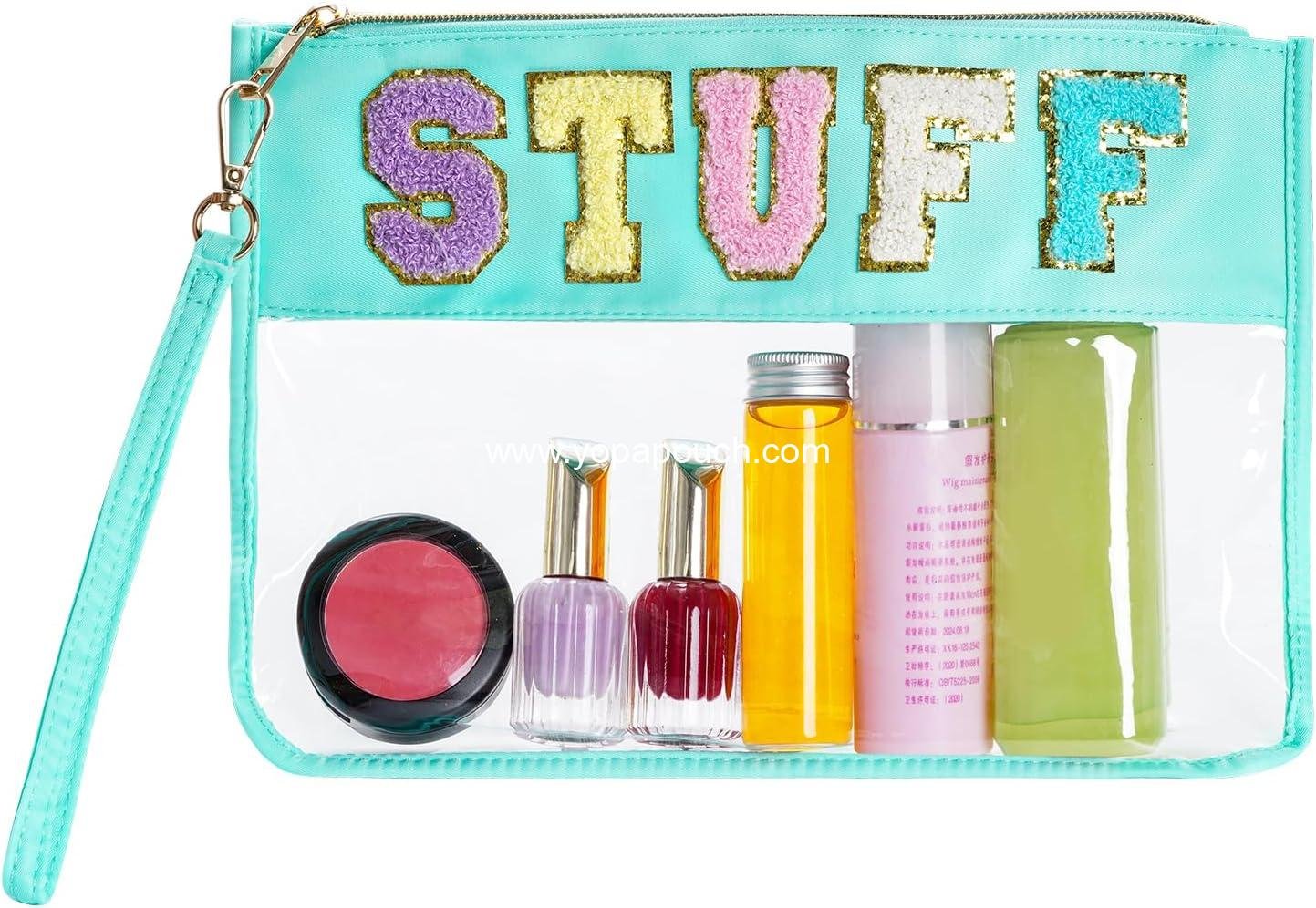 Wholesale Clear Makeup Letter Bag, Chenille Zip Pouch for Multi-purpose Use, Nylon Cosmetic Bag for Travel, Gym, Beach - Green-Stuff Supplier