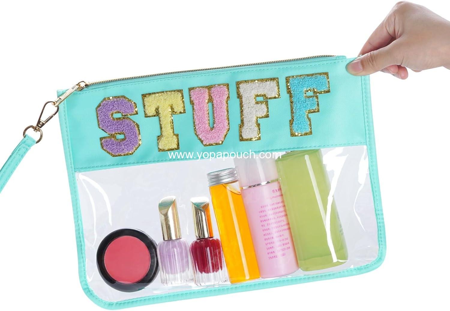 Wholesale Clear Makeup Letter Bag, Chenille Zip Pouch for Multi-purpose Use, Nylon Cosmetic Bag for Travel, Gym, Beach - Green-Stuff Supplier