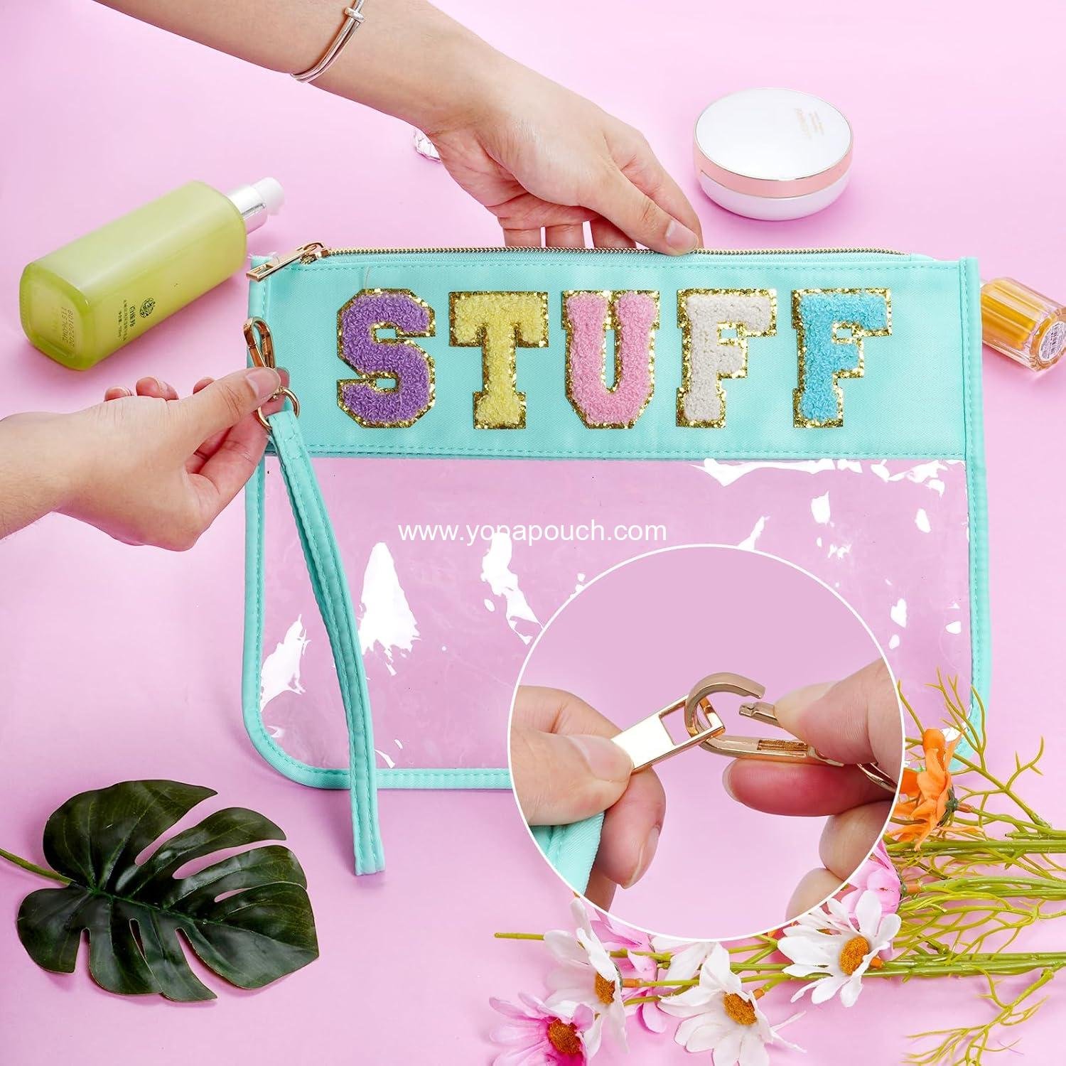 Wholesale Clear Makeup Letter Bag, Chenille Zip Pouch for Multi-purpose Use, Nylon Cosmetic Bag for Travel, Gym, Beach - Green-Stuff Supplier