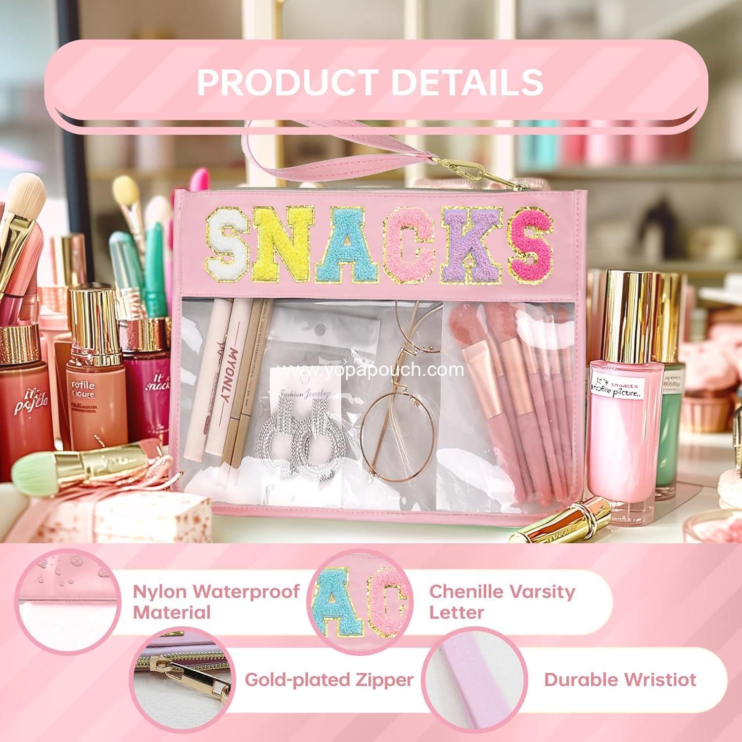 Wholesale Clear Cosmetic Bags Travel Zipper Pouch Makeup Bags Chenille Letter Design Tote for Women 12x8 inches Supplier