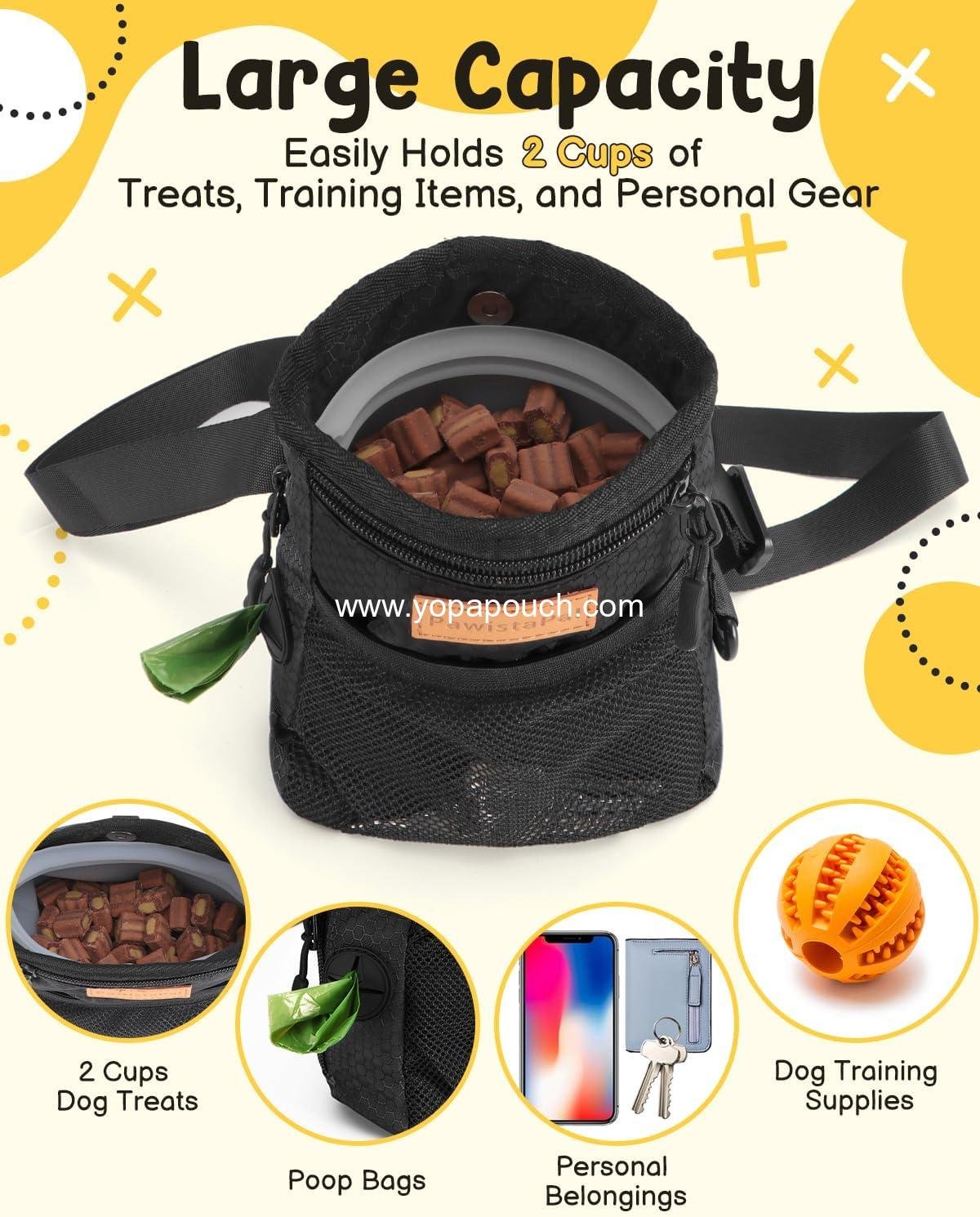 Wholesale Dog Treat Pouches for Pet Training, 2-Cup Bag with Silicone Liner, Magnetic Closure, Built-in Poop Dispenser, Waist Belt Clip, 3-Way Wear for Puppy Training and Daily Walks Supplier