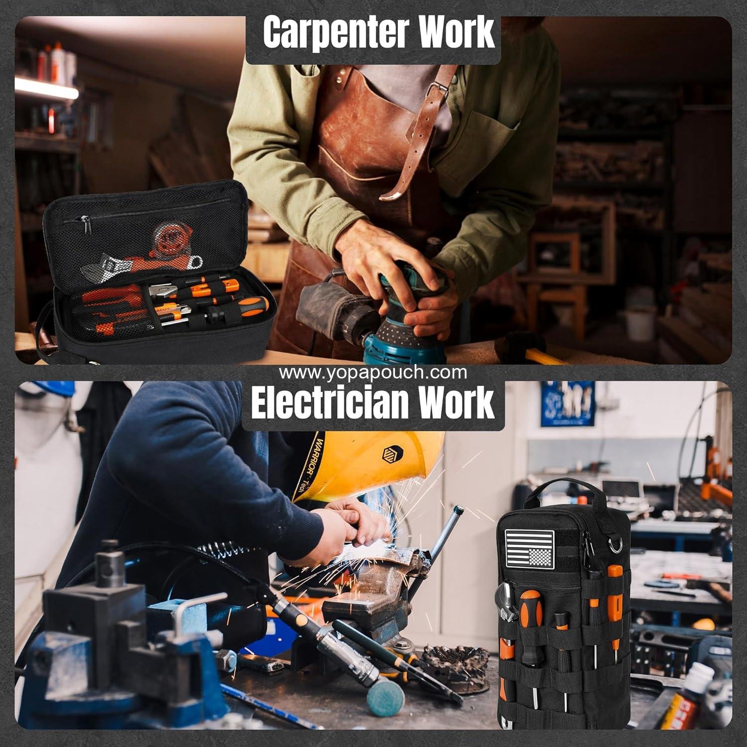 Wholesale Durable Portable Tool Bag, Heavy Duty Pouch with Shoulder Strap and D-ring Clip, Waterproof Multi-Pocket Handbag for Electricians, Carpenters, HVAC Technicians (Black) Supplier