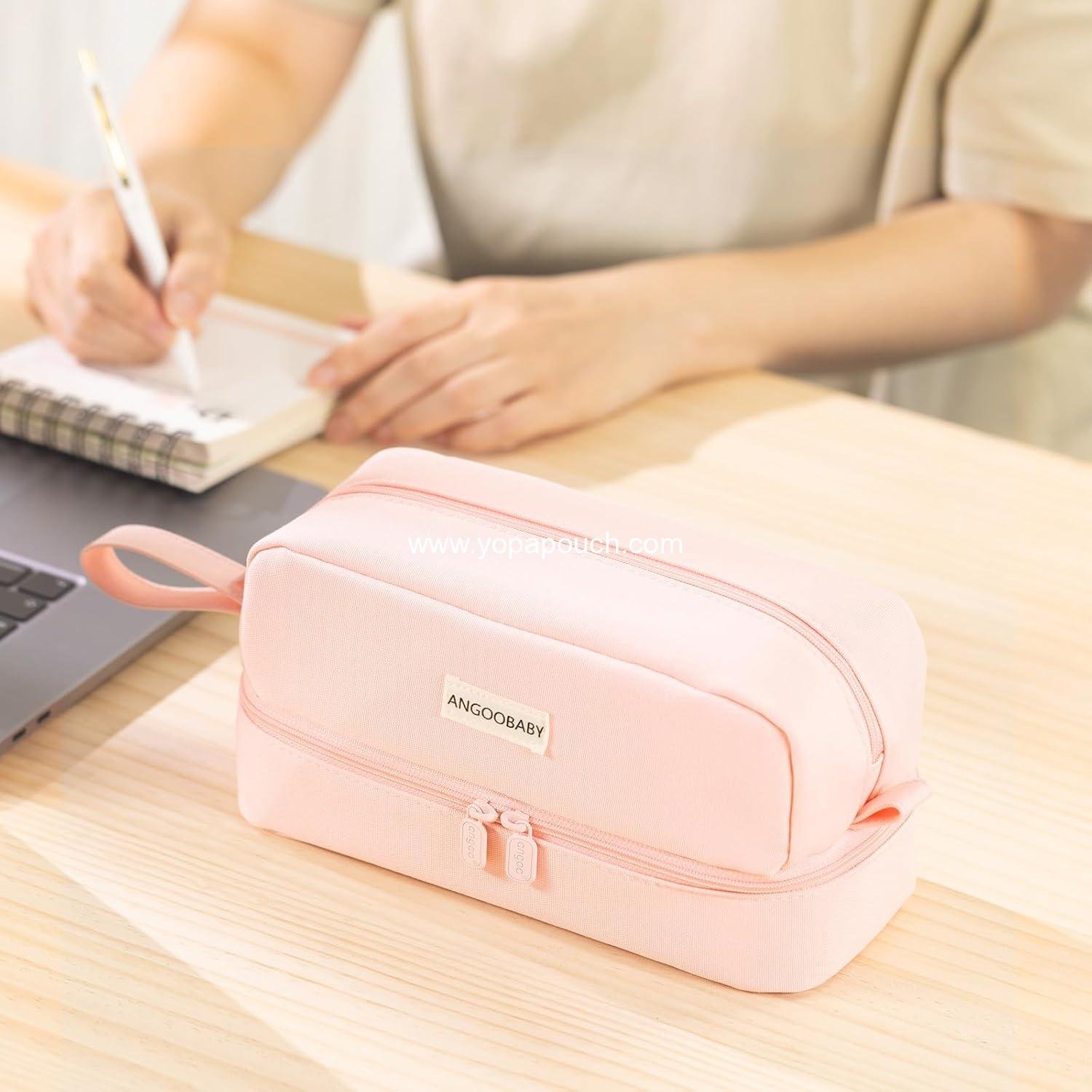 Wholesale Large Capacity Canvas Pencil Case with 2 Compartments for Students and Adults - Pink - Manufacturer