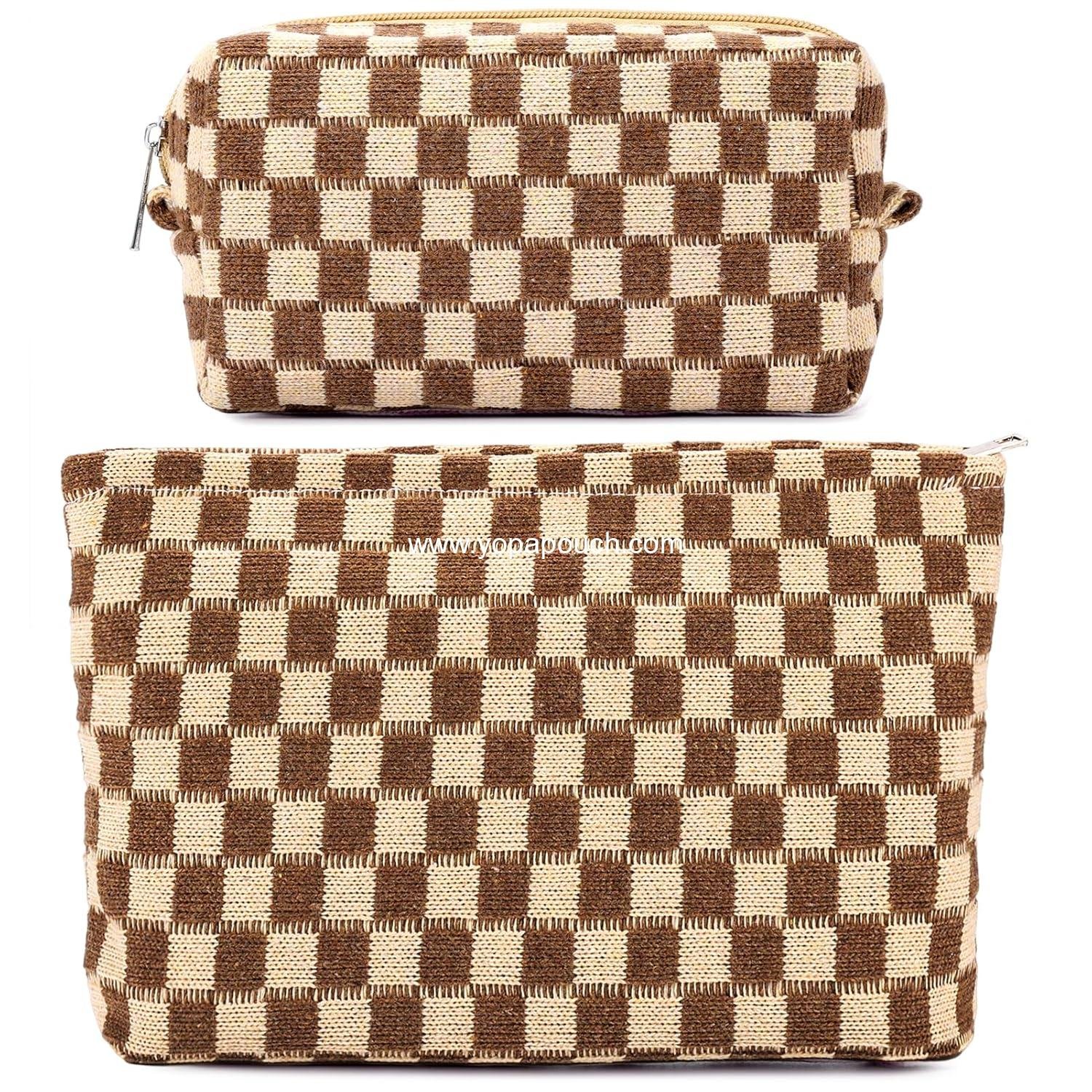 OEM 2Pcs Checkered Makeup Bag Set for Women - Large and Small Aesthetic Cosmetic Pouches, Cute Pencil Case, Brown Travel Toiletry Bags, Zipper Skincare Bags Supplier