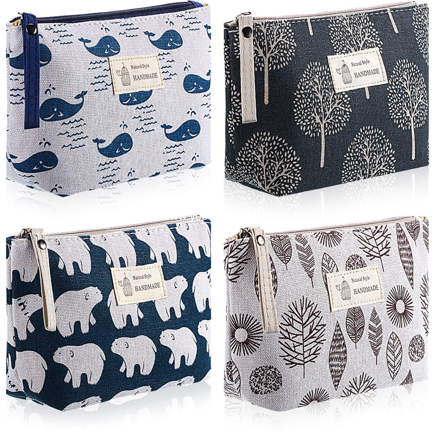 OEM 4 Pieces Canvas Cosmetic Bags Set - Printed Makeup Bags with Zipper, Multi-Functional Travel Pouches for Women and Girls, 4 Unique Styles (Whale, Bear, Tree, Leaf) - Ideal for Toiletry and Vacation Use, Supplier