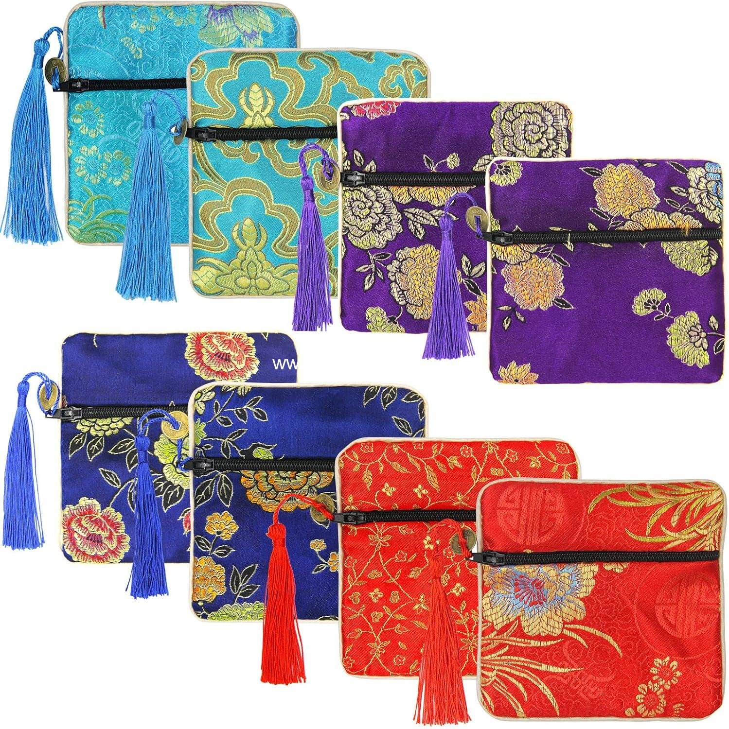 OEM 8pcs Silk Brocade Jewelry Bags with Zipper (11.5x11.5cm) - Silk Purse Pouch Gift Bags for Women, Coins, Traveling, Jewelry Rolls, Wedding, Birthday Party Favors Supplier