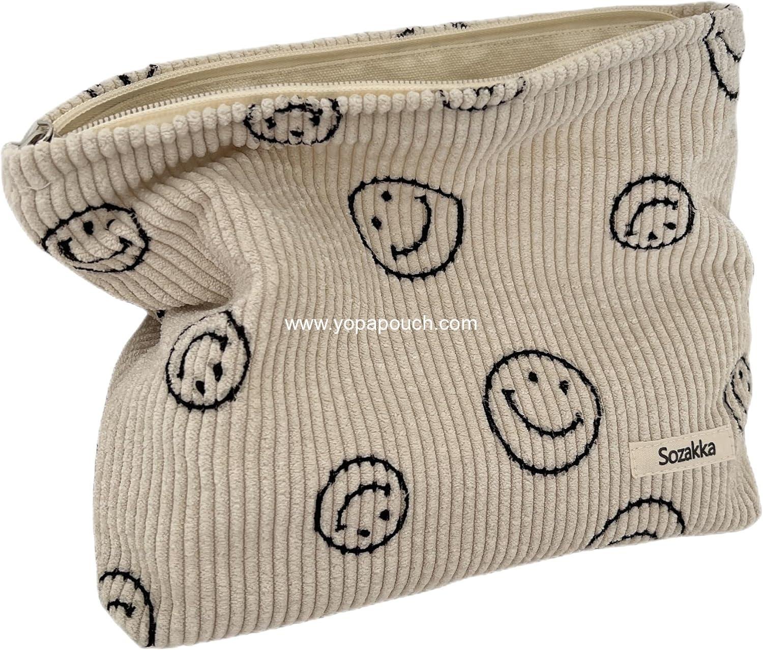 OEM Corduroy Cosmetic Bags for Women - Aesthetic Smile Dots Makeup Organizer Storage Case (A-Beige) - Wholesale Supplier